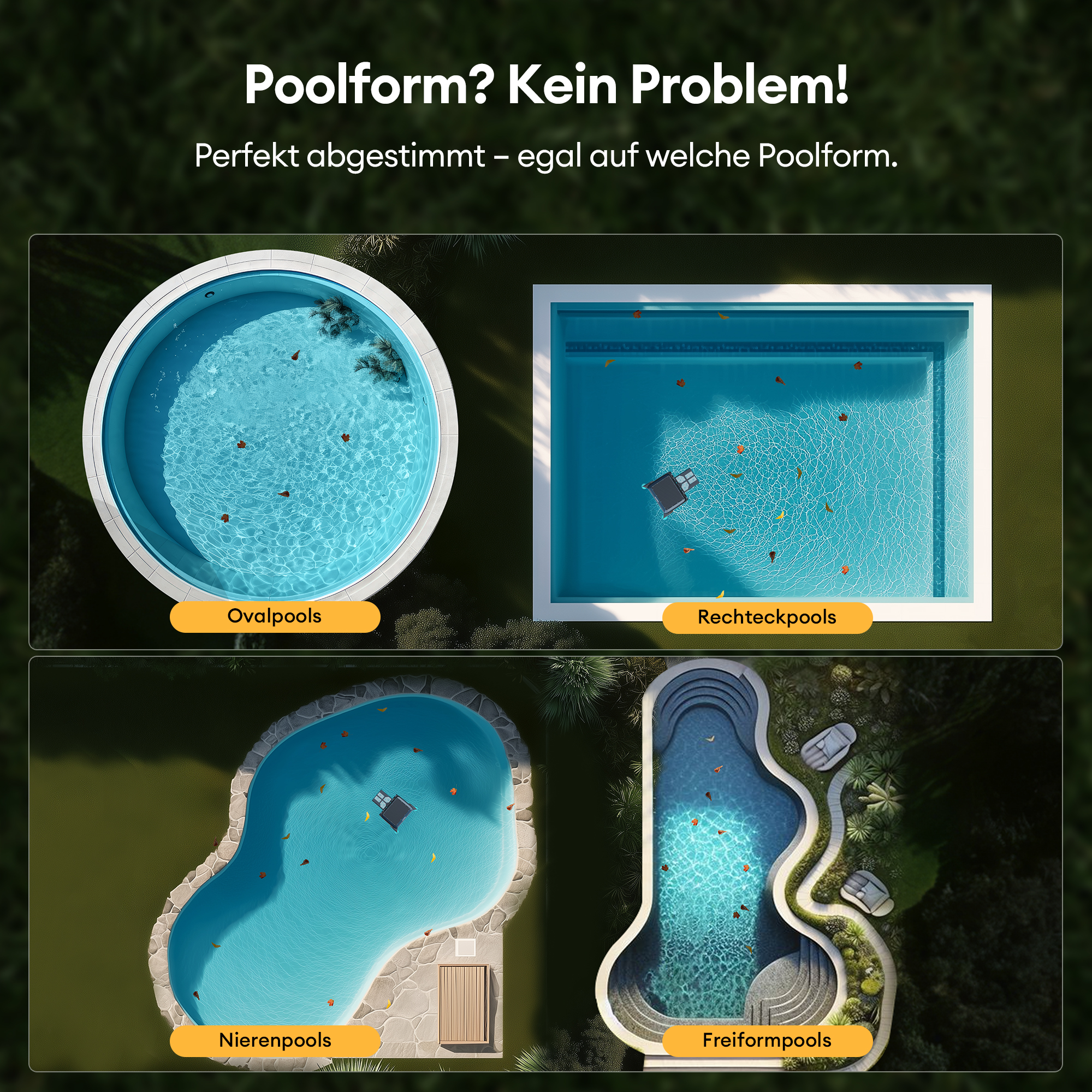 Vier Pools in verschiedenen Formen, jeweils mit einem Roboterreiniger. Text steht über jedem Pool.