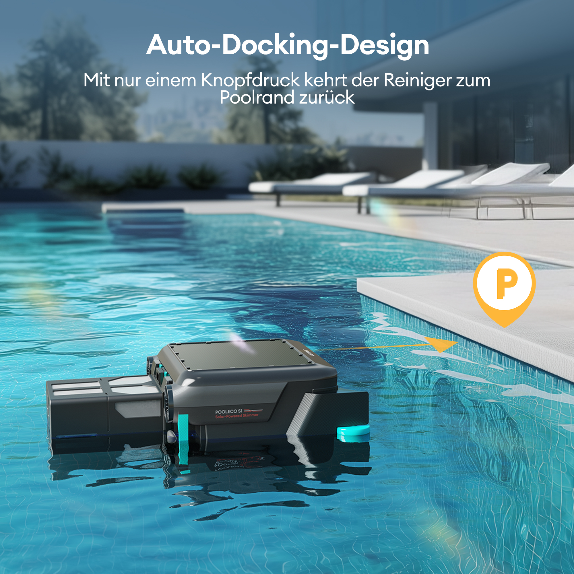 Ein Poolreiniger im Wasser, mit einer gelben Markierung, die seinen Docking-Standort zeigt.