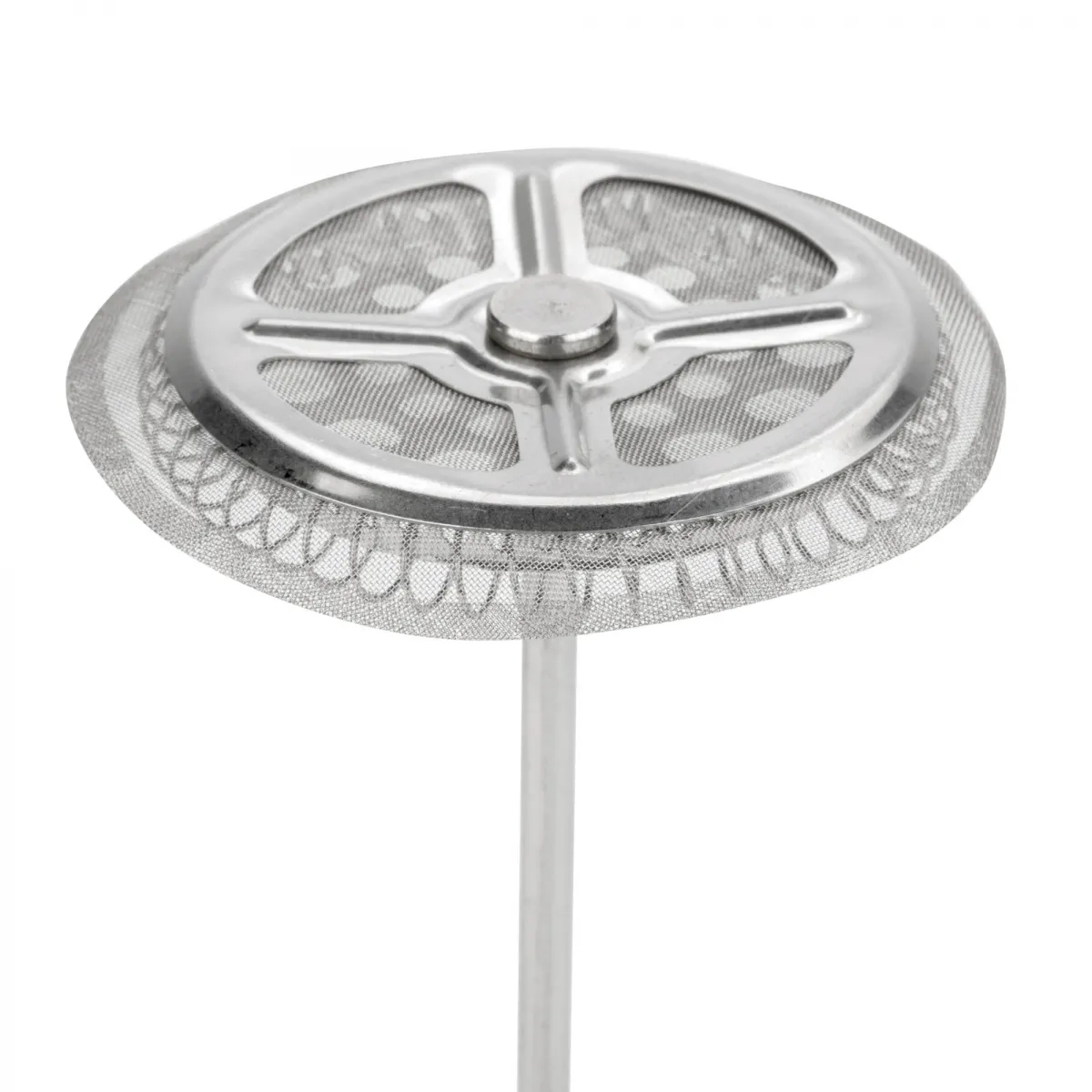 Zbliżenie filtra prasy francuskiej, pokazujące siatkę i strukturę.