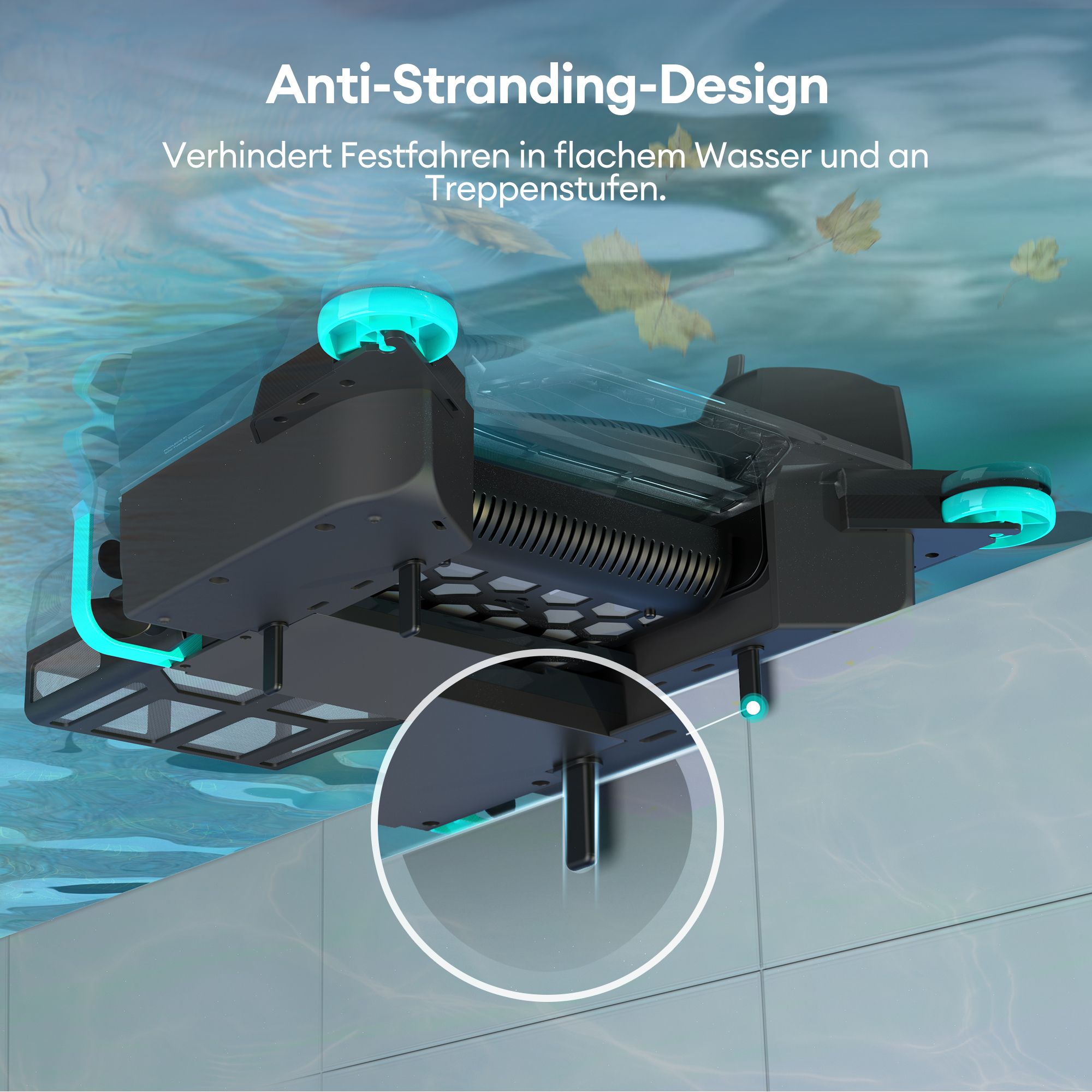 Ein Poolreiniger im Wasser, mit einer Nahaufnahme seines Anti-Stranding-Designs.