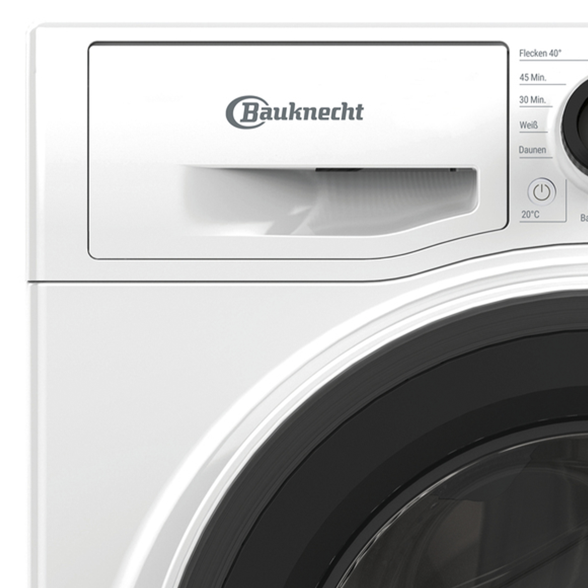 Nahaufnahme des Bedienfelds einer weißen Waschmaschine, mit dem Bauknecht-Logo.
