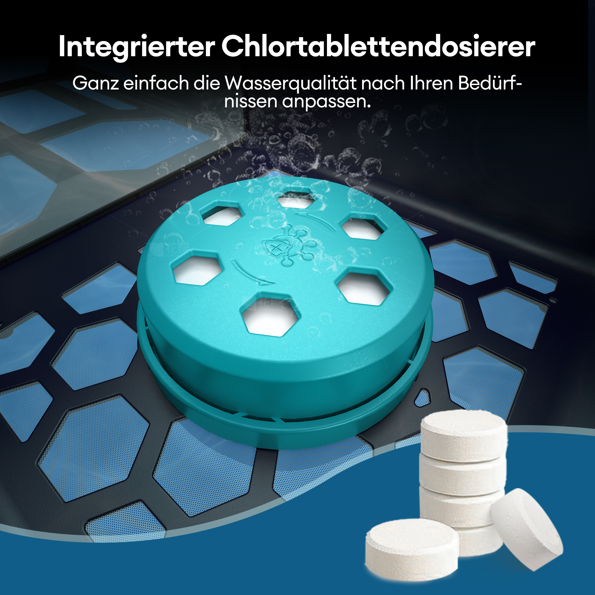 Nahaufnahme eines cyanfarbenen Poolreinigers mit integriertem Chlortablettenspender.