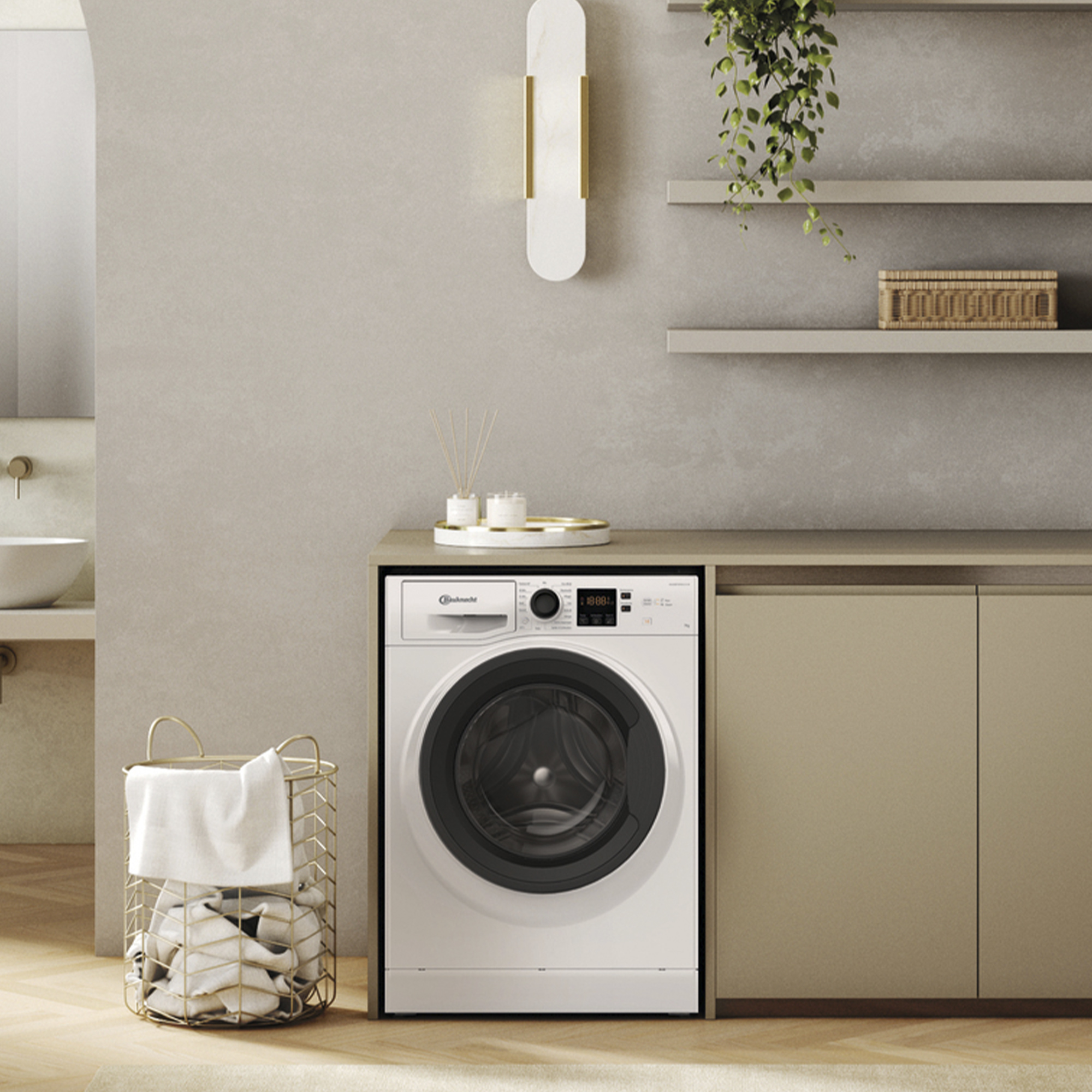 Ein moderner Waschraum mit Waschmaschine, Korb, Regalen und Dekorationsartikeln.