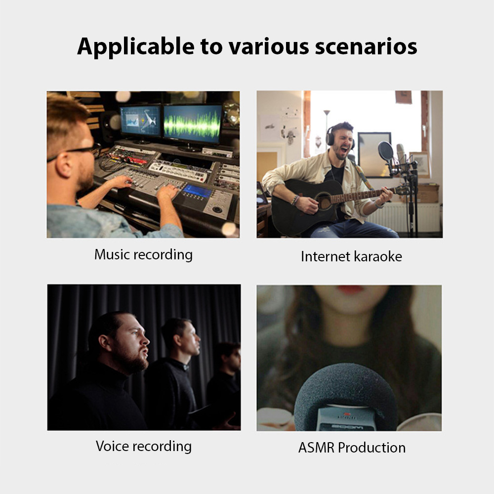Das Bild zeigt Szenen für Musikaufnahmen, Internet-Karaoke, Sprachaufnahmen und ASMR-Produktion.