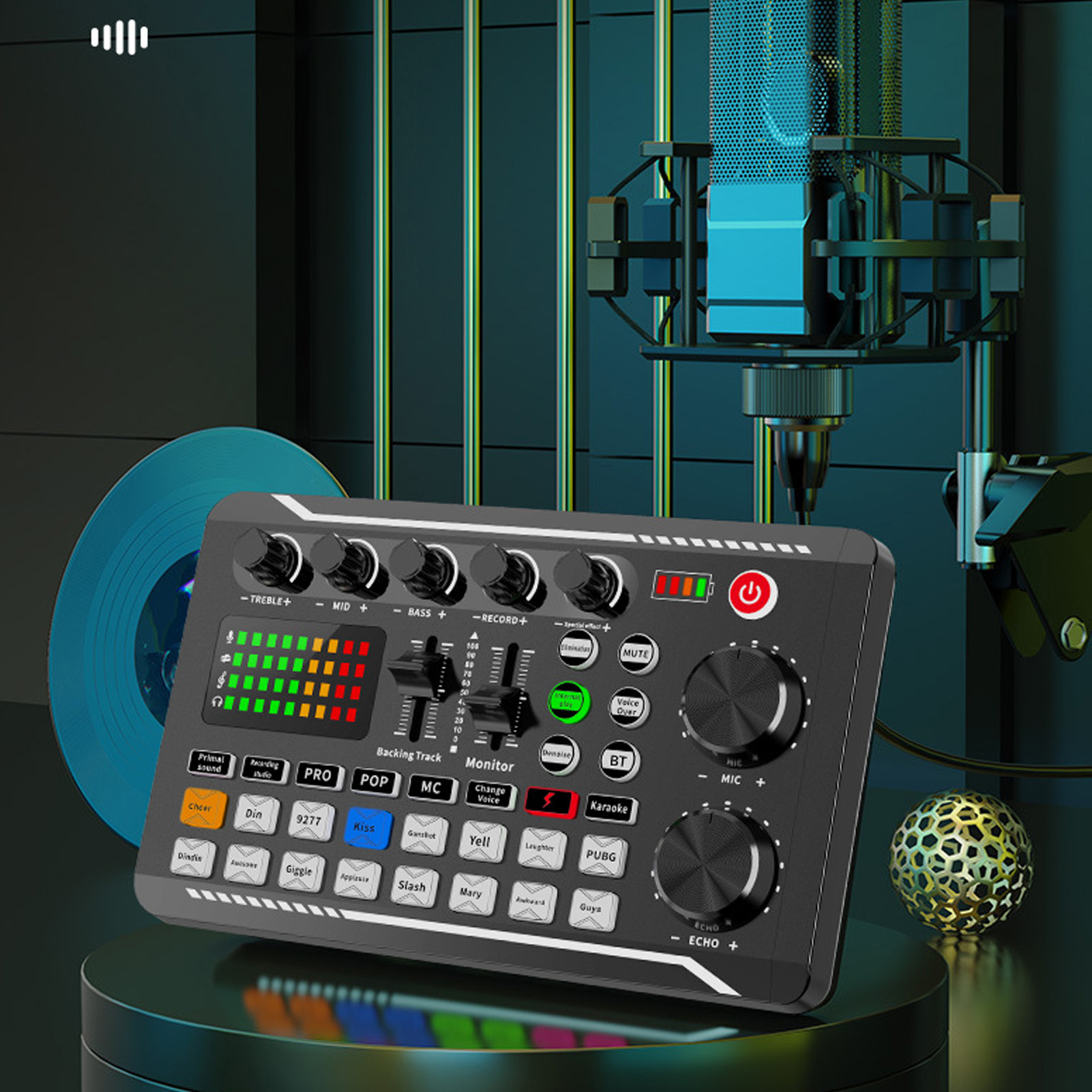 Audiomixer mit Knöpfen, Tasten und einem Bildschirm. Eine Schallplatte und ein Mikrofon im Hintergrund.