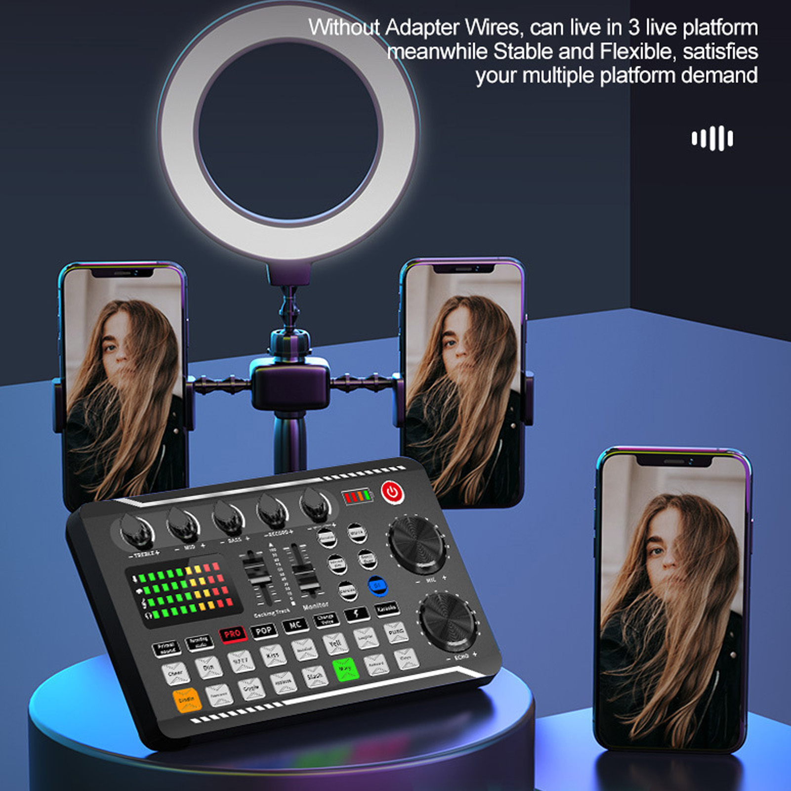 Eine Soundkarte mit Ringlicht und mehreren Smartphones. Die Karte hat Tasten und Bedienelemente.