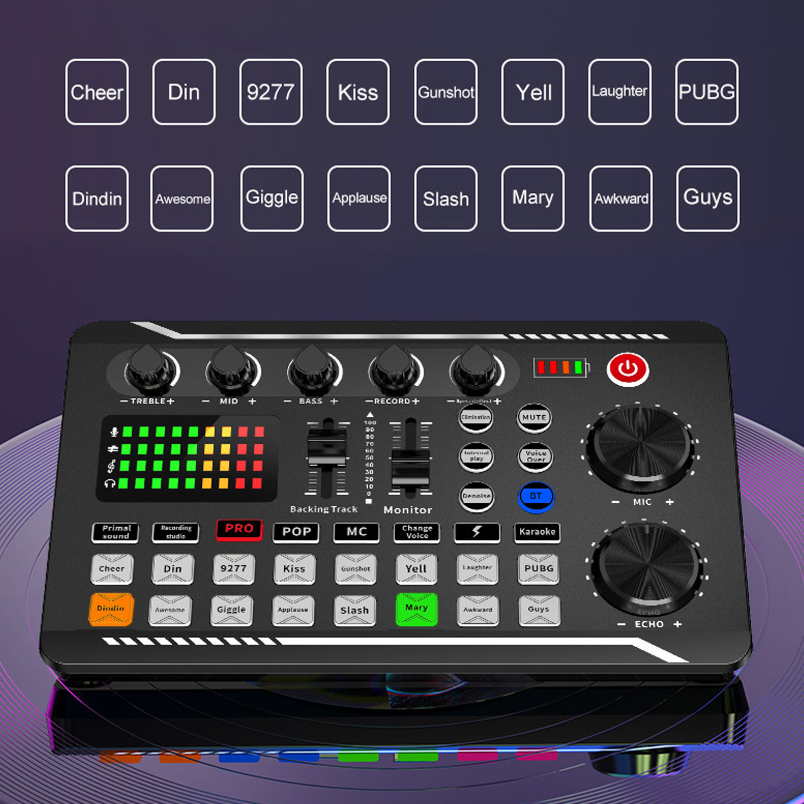 Schwarzer Audiomixer mit Tasten für verschiedene Effekte, wie Jubel und Lachen. Hat eine Taste für Karaoke.