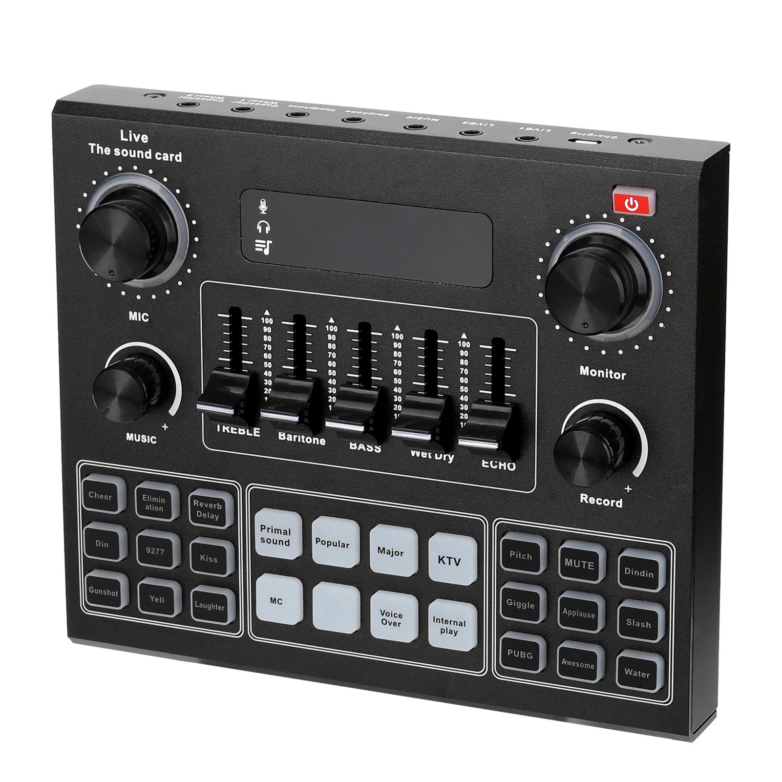 Schwarzer Audiomixer mit Knöpfen, Tasten und einem Display. Er hat Bedienelemente für Musik- und Aufnahmefunktionen.
