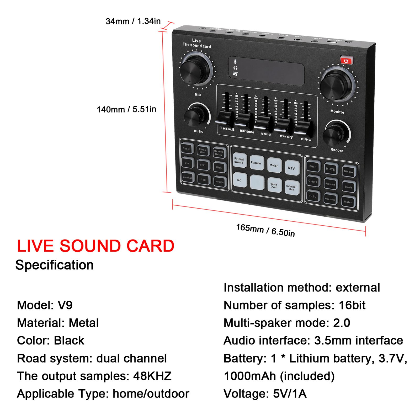 Schwarze Live-Soundkarte mit Knöpfen, Tasten und Beschriftungen mit Messungen und Spezifikationen. Weißer Text auf schwarzem Untergrund.
