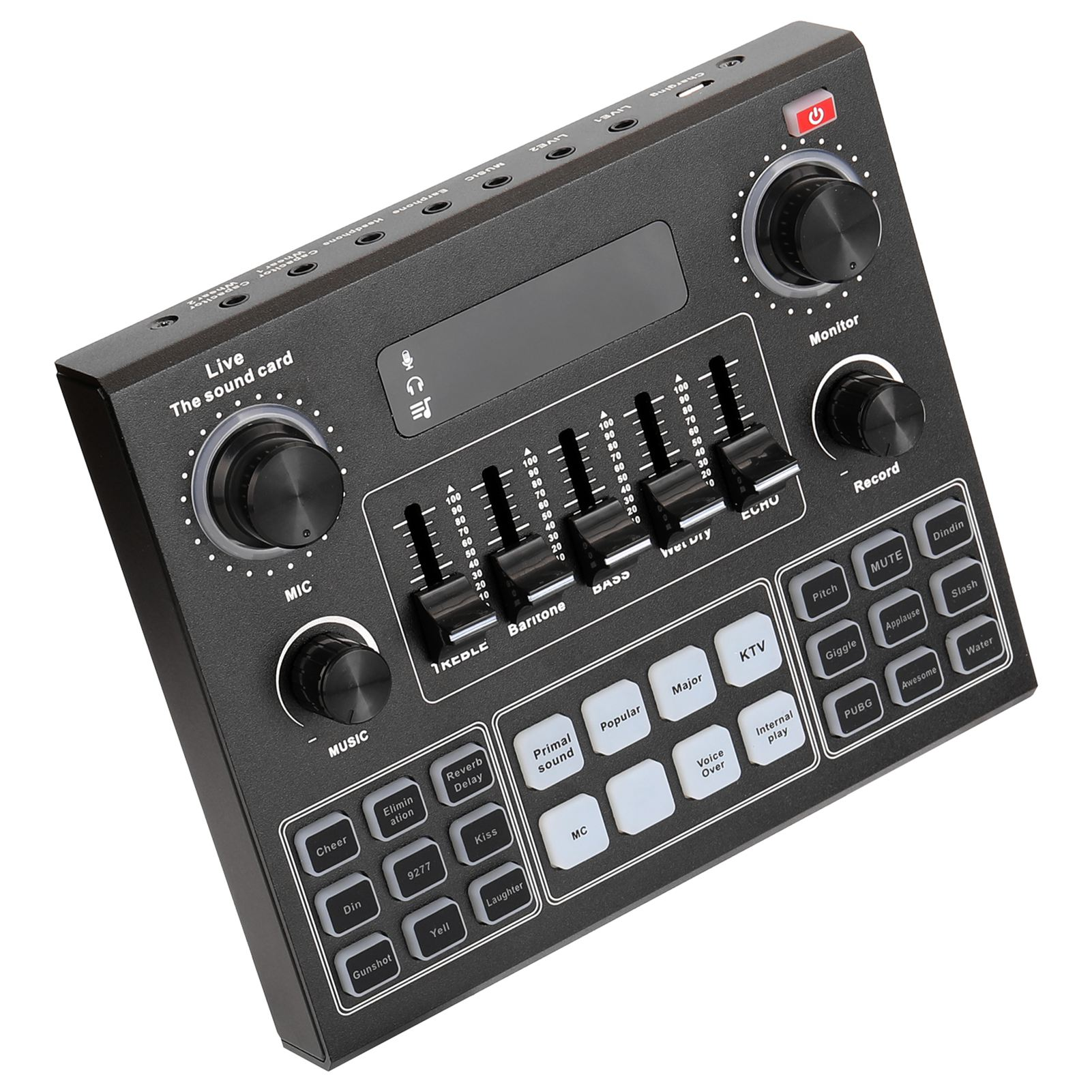 Schwarze Soundkarte mit Knöpfen und Schiebereglern. Hat einen Power-Knopf und verschiedene Knöpfe. Viele Anschlüsse vorhanden.