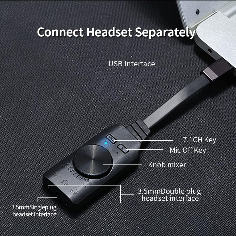 Schwarze USB-Soundkarte mit Knopf, Anschlüssen und 3,5-mm-Headset-Schnittstelle. Der Text lautet 'Kopfhörer separat anschließen'.