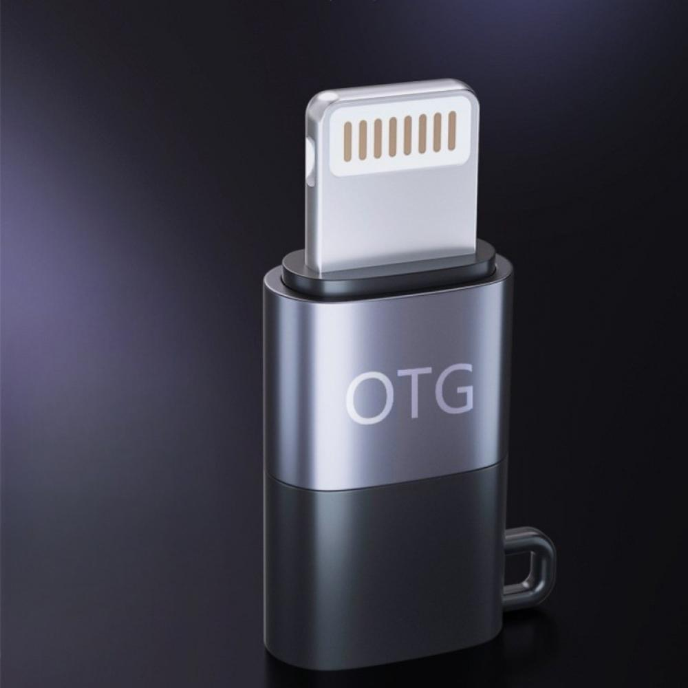 Ein silberner OTG-Adapter mit USB-C-Anschluss. Er hat einen silbernen Sockel und einen schwarzen Boden.