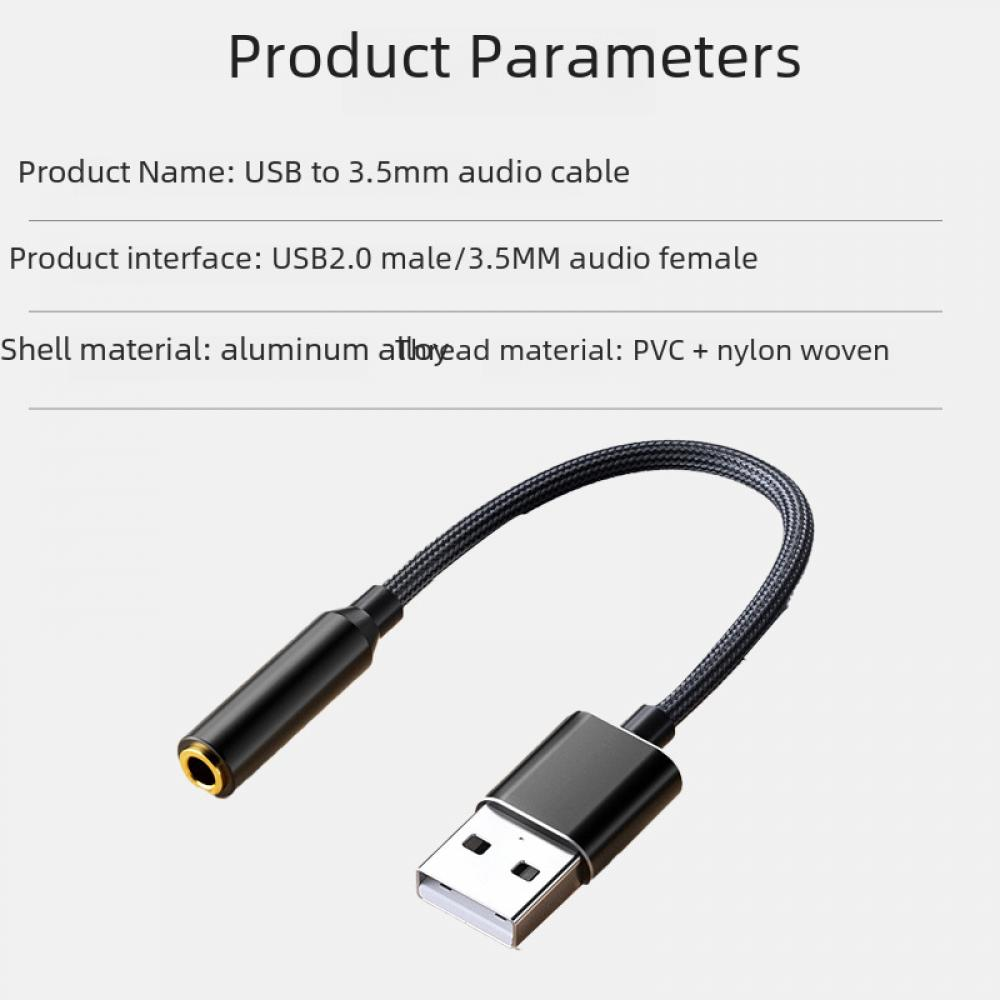 USB-zu-3,5-mm-Audiokabel. Schwarzes Kabel und Anschlüsse. Produktparameter sind oben aufgeführt.