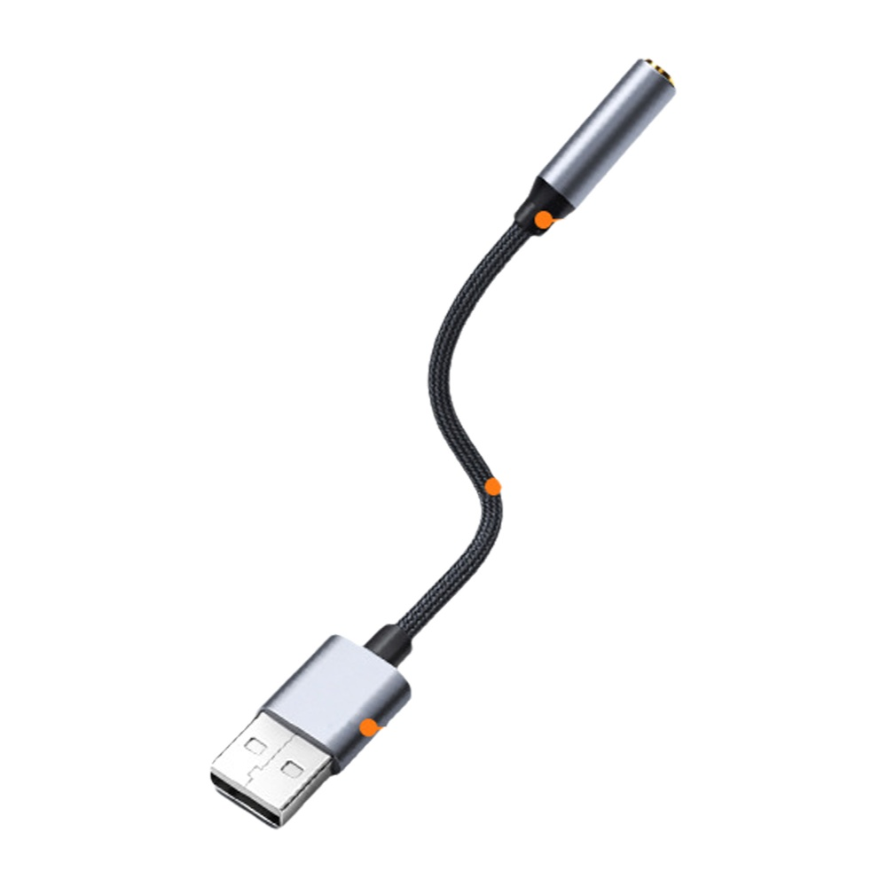 USB-zu-Audio-Adapterkabel. Es hat einen USB-Anschluss und eine 3,5-mm-Audiobuchse.