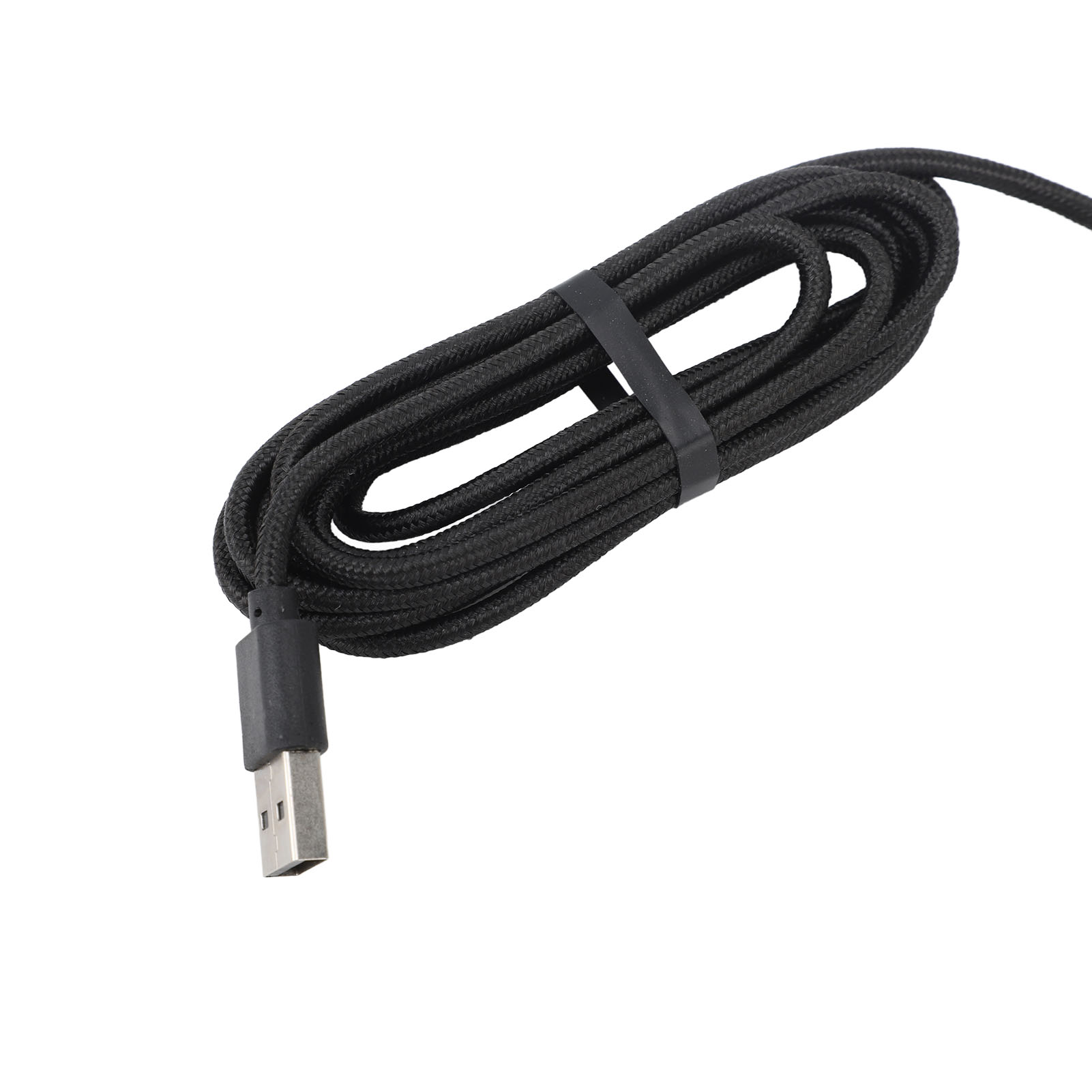 Ein schwarzes USB-Kabel mit einem USB-Anschluss auf weißem Hintergrund.