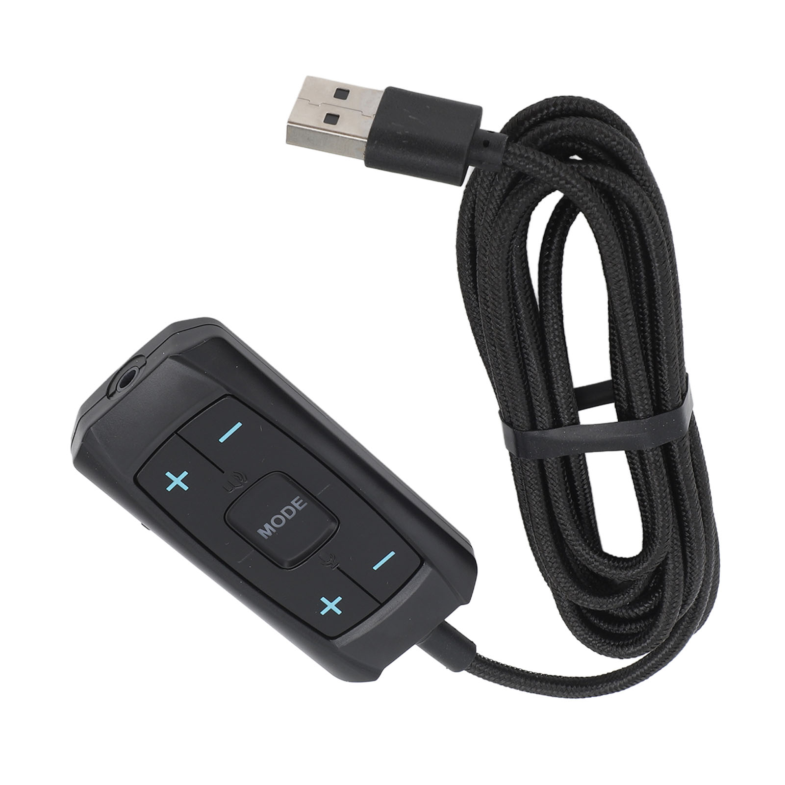 Schwarzer Audioregler mit Plus- und Minus-Tasten und einem USB-Kabel auf weißem Hintergrund.