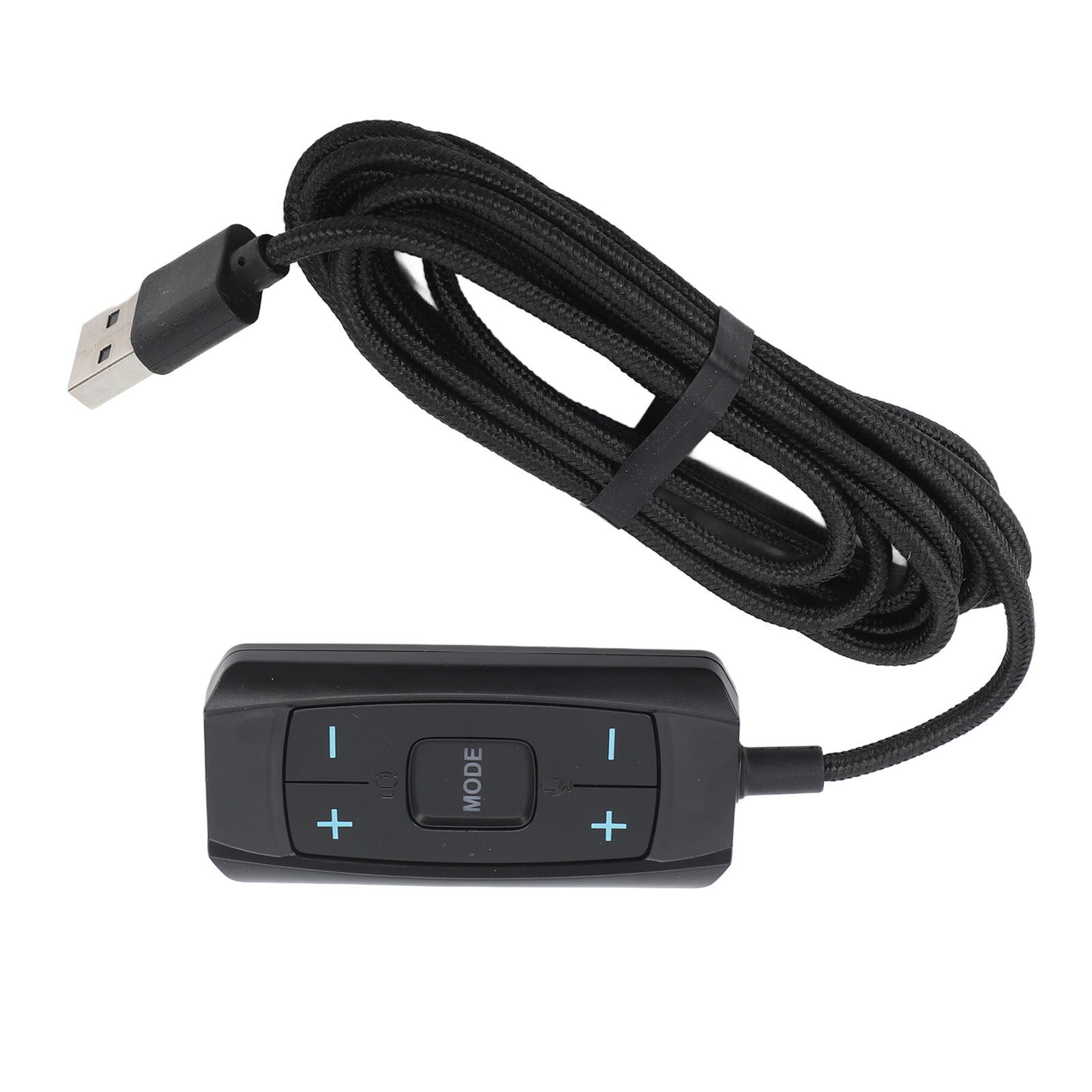Schwarzer Audioregler mit Plus- und Minus-Tasten und einem USB-Kabel auf weißem Hintergrund.