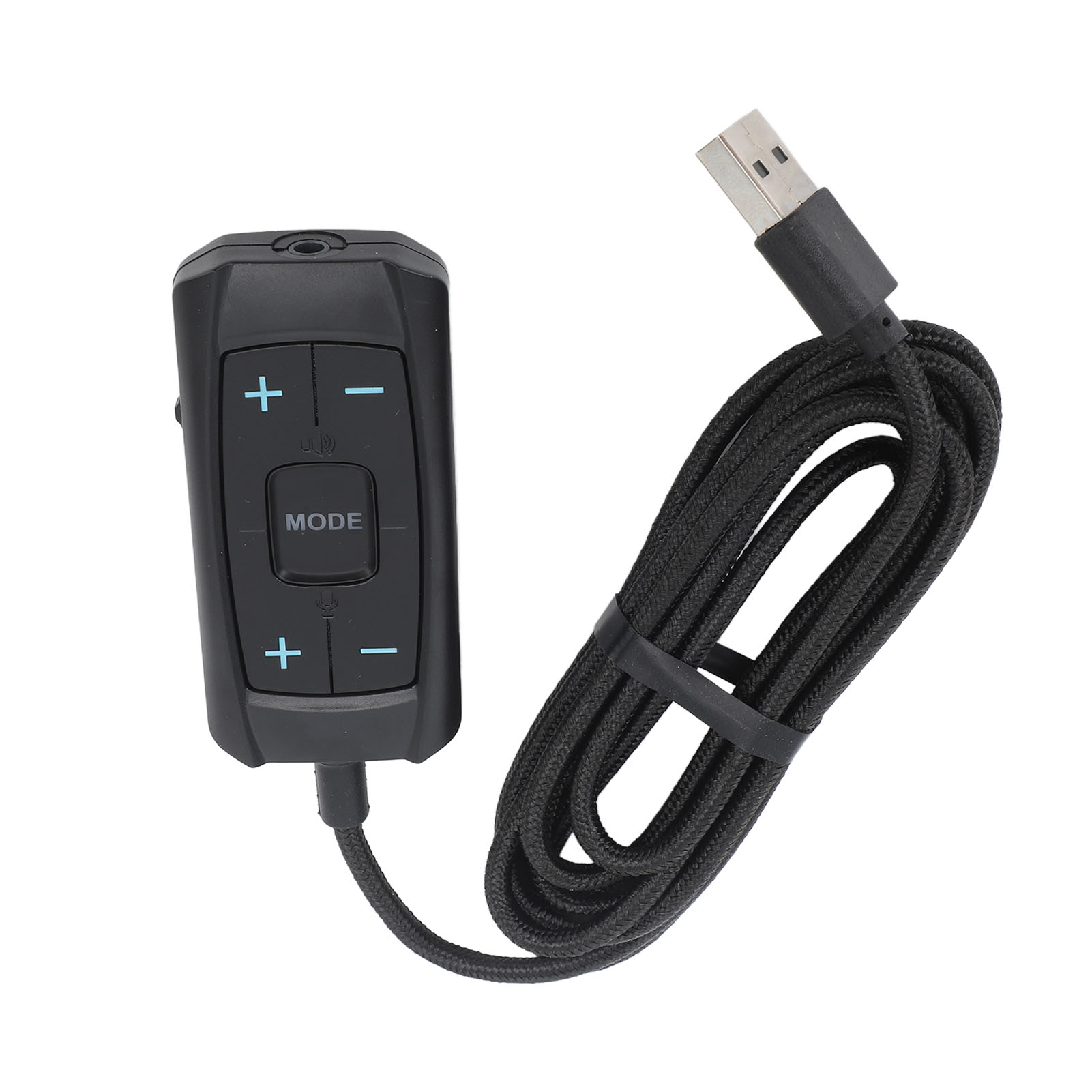 Schwarzes Gerät mit Modus- und Lautstärkereglern. Ein USB-Kabel ist angeschlossen.