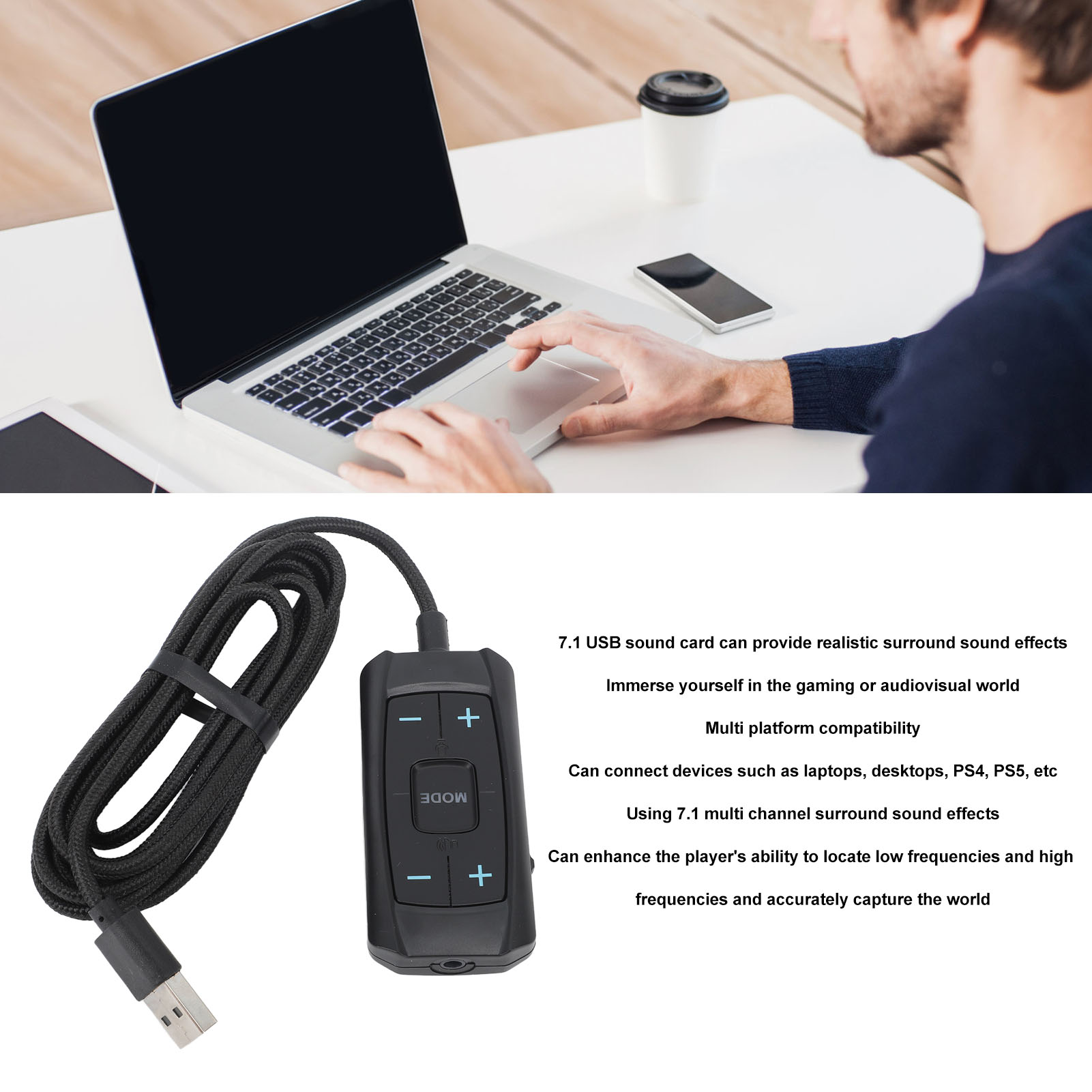 Schwarzer Audioregler mit USB-Kabel und Laptop auf weißem Tisch. Mann benutzt es.