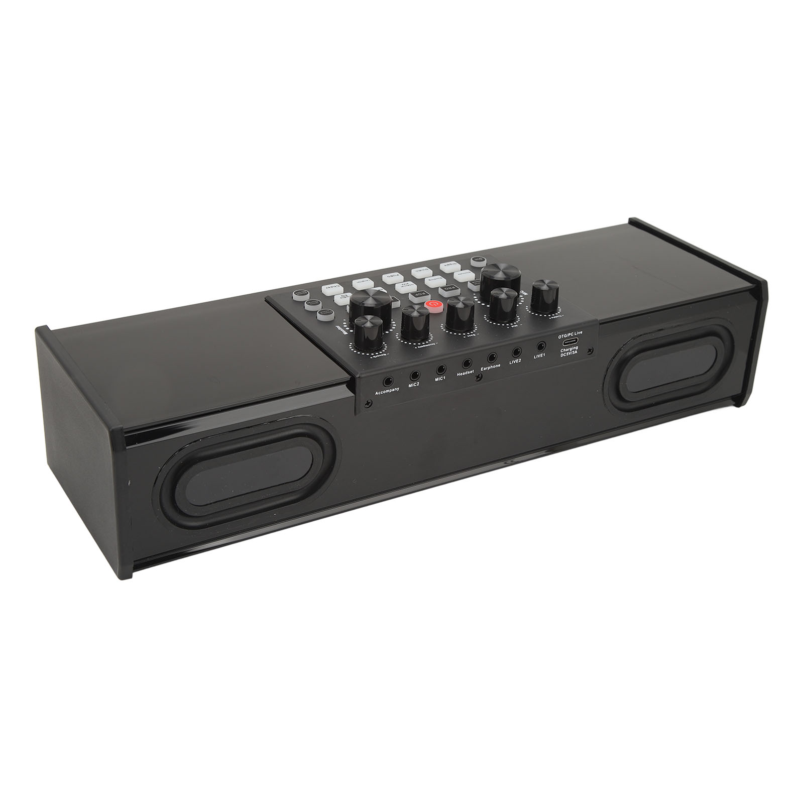 Schwarzer Audiomixer mit Knöpfen und Tasten, ovale Lautsprecher auf jeder Seite. Weißer Hintergrund.