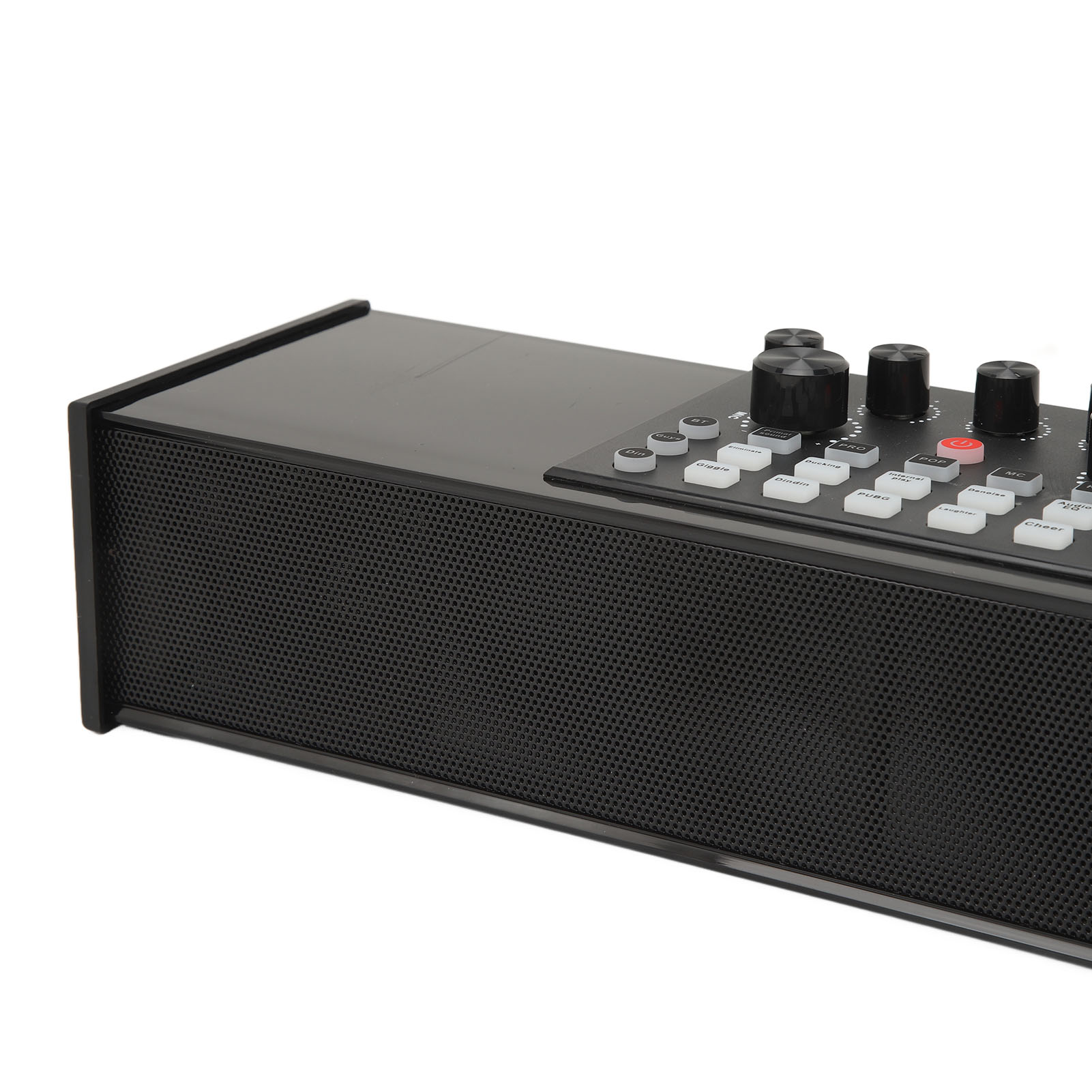 Eine schwarze Soundbar mit Steuerungsknöpfen und -tasten; Nahaufnahme.