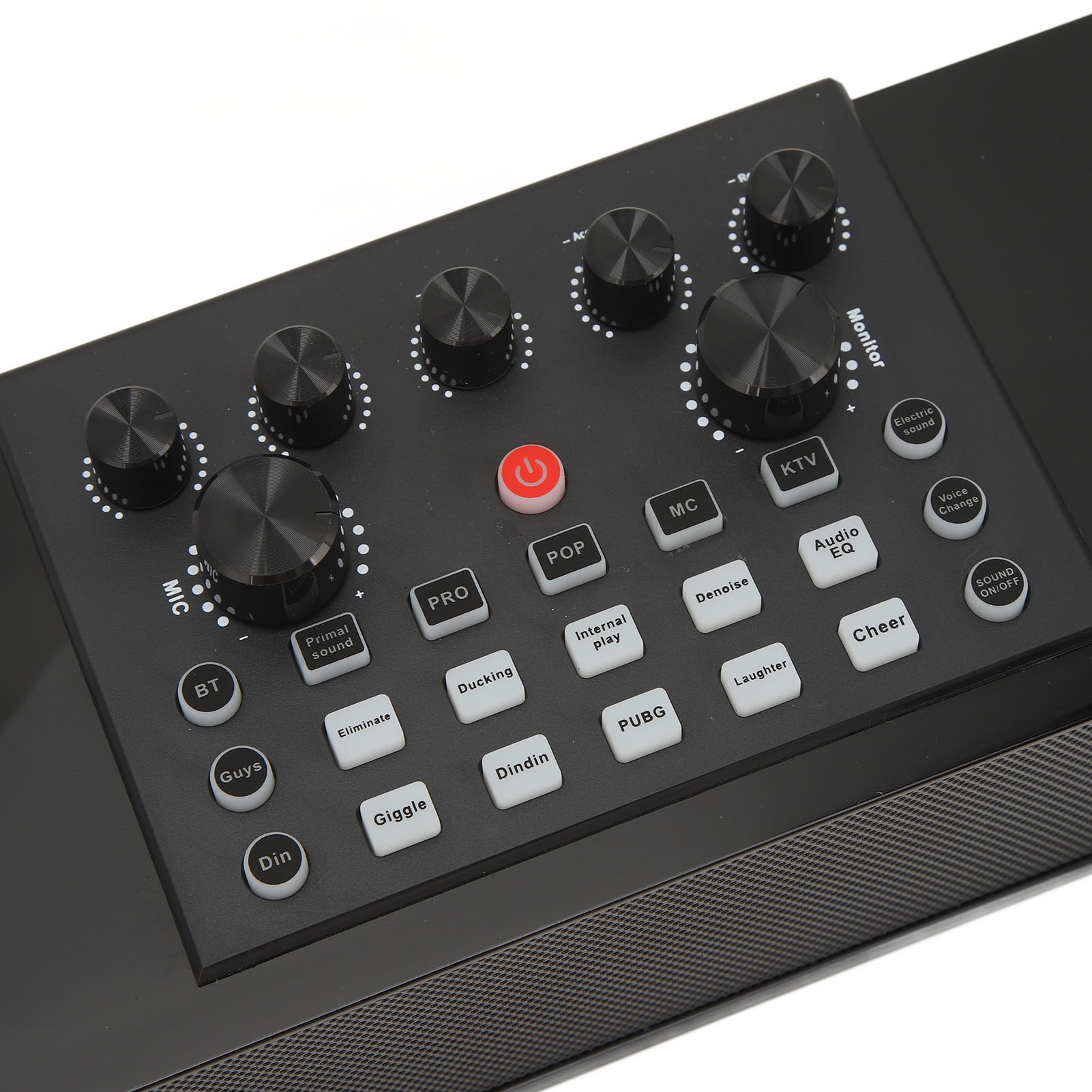 Nahaufnahme eines Soundmixers mit Knöpfen und Tasten. Text: One-Touch-Rauschunterdrückung.