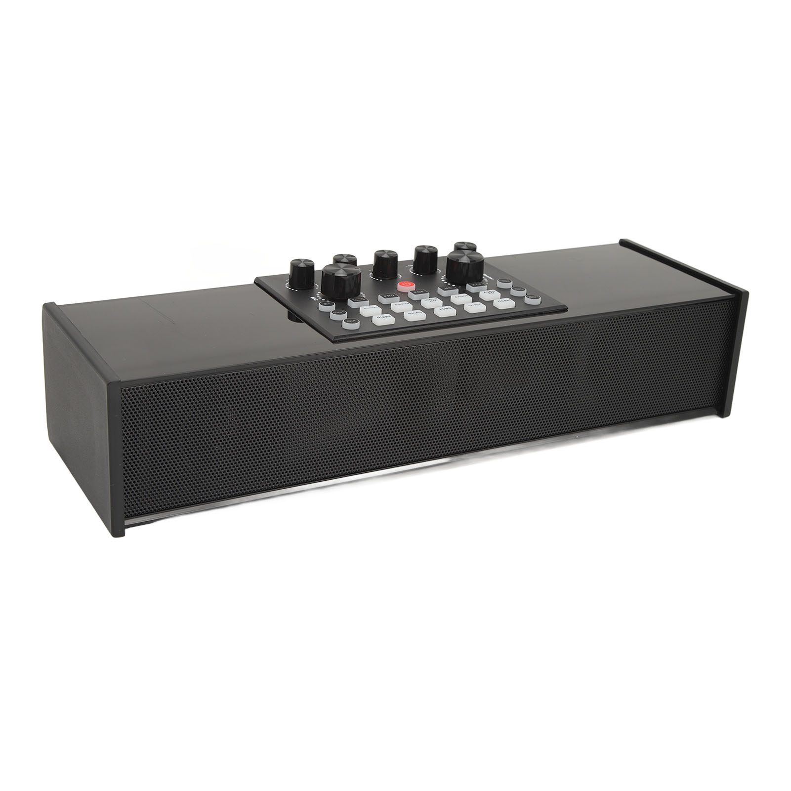 Schwarzes Audiogerät mit Bedienfeld oben. Das Panel hat Knöpfe und Tasten. Weißer Hintergrund.