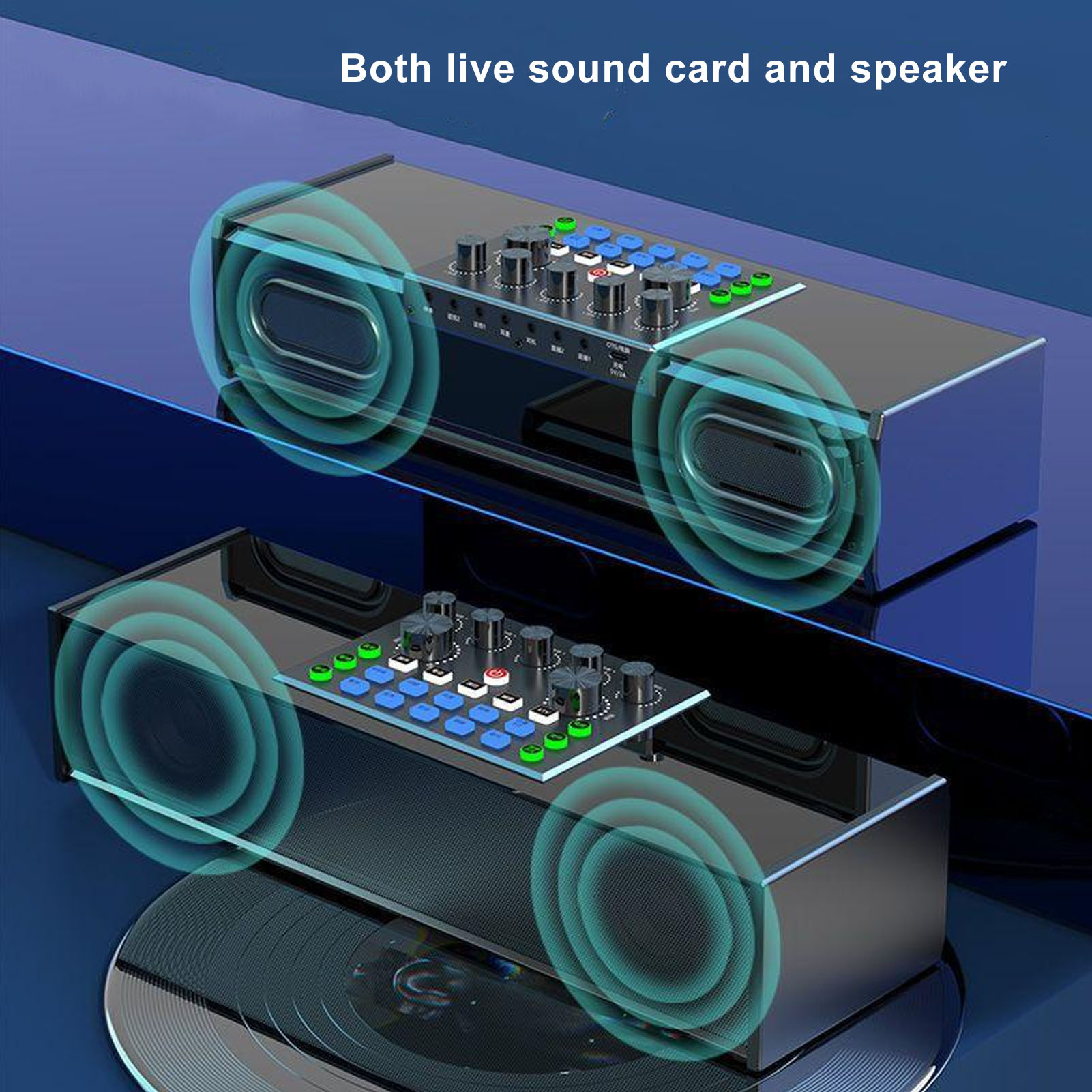 Zwei schwarze Soundmischer mit blauem Hintergrund. Text: Sowohl Live-Soundkarte als auch Lautsprecher.