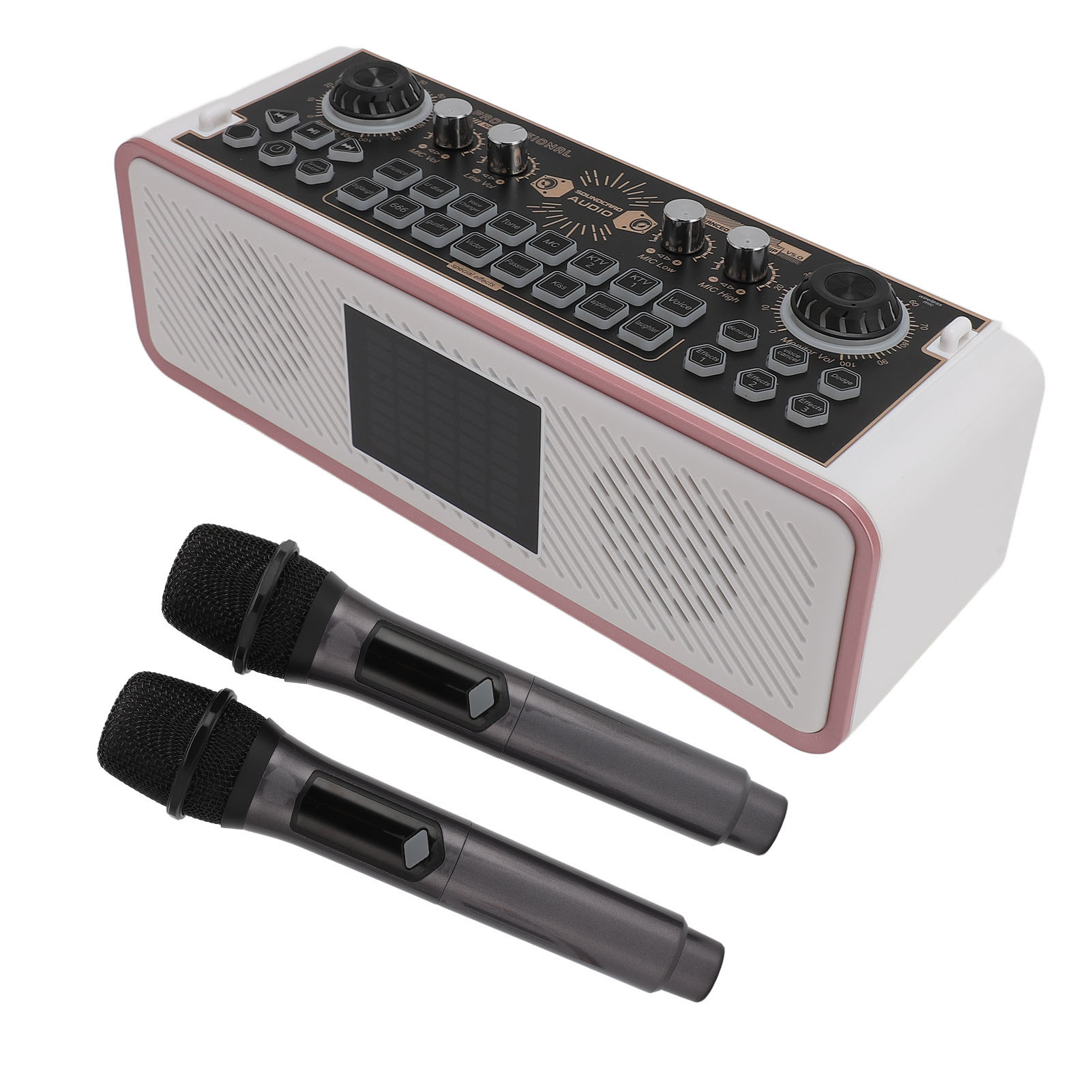 Eine weiße und rosa Karaoke-Maschine mit Knöpfen, einem Bildschirm und zwei schwarzen Mikrofonen davor.