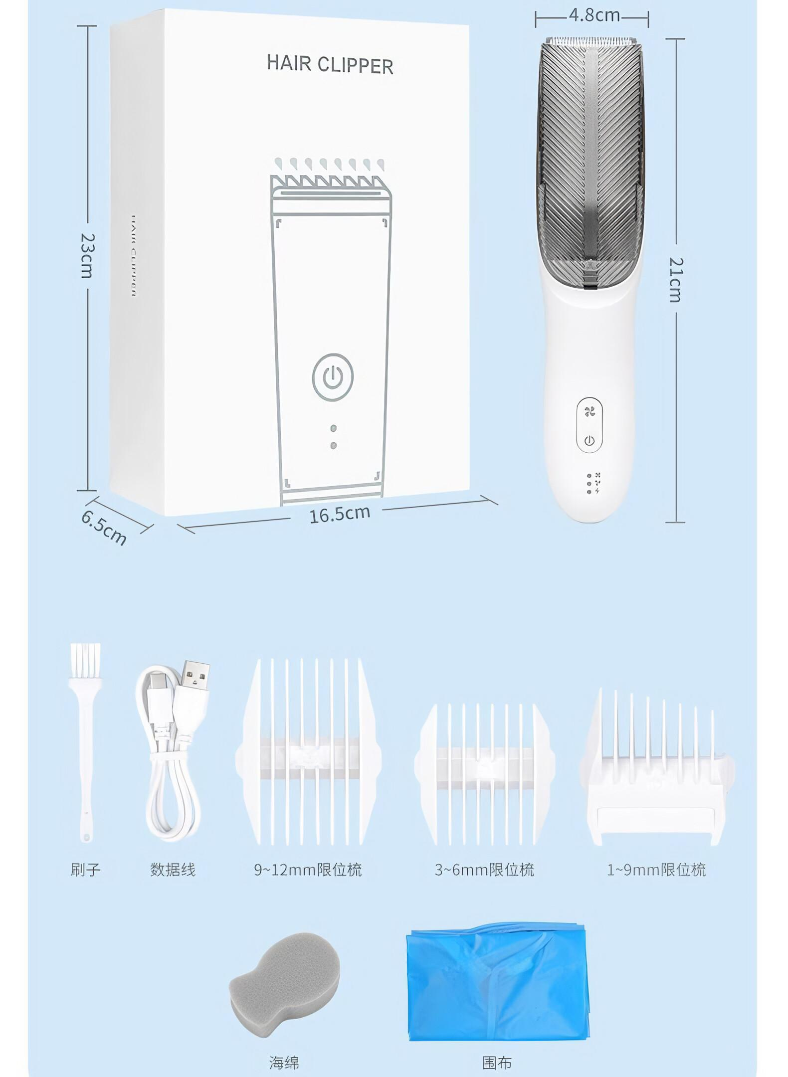 Ein weißer Haarschneider mit einer Box, Zubehör wie Bürste und Kämme sowie Maße.