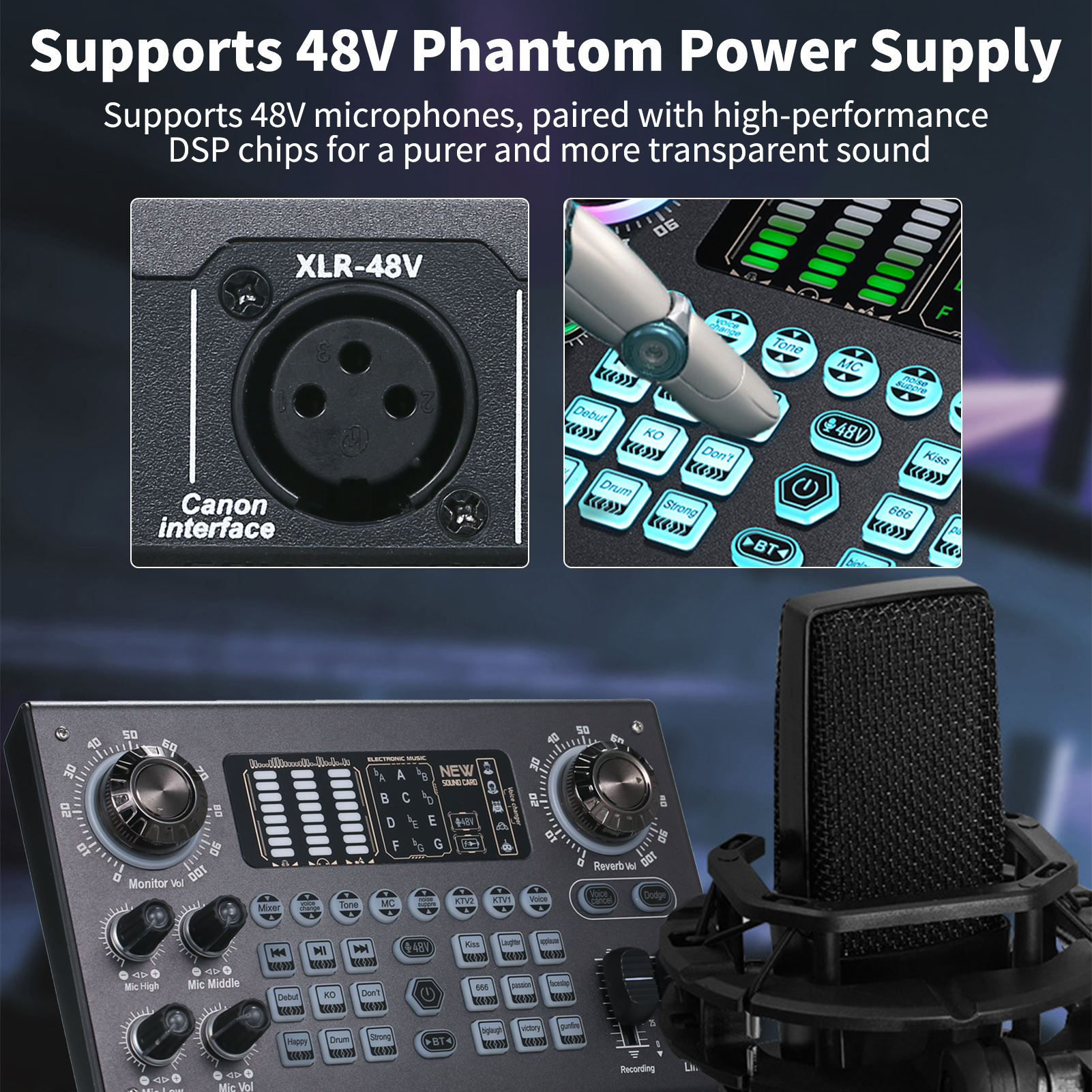 Eine Soundkarte mit Mikrofoneingang, Nahaufnahme des XLR-48V-Anschlusses.