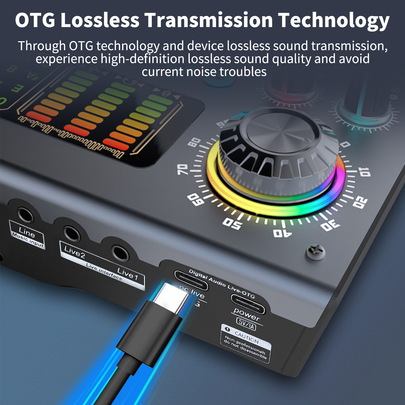 Ein Audiomixer mit eingestecktem USB-C-Kabel, Textüberlagerung: OTG Lossless Transmission Technology.