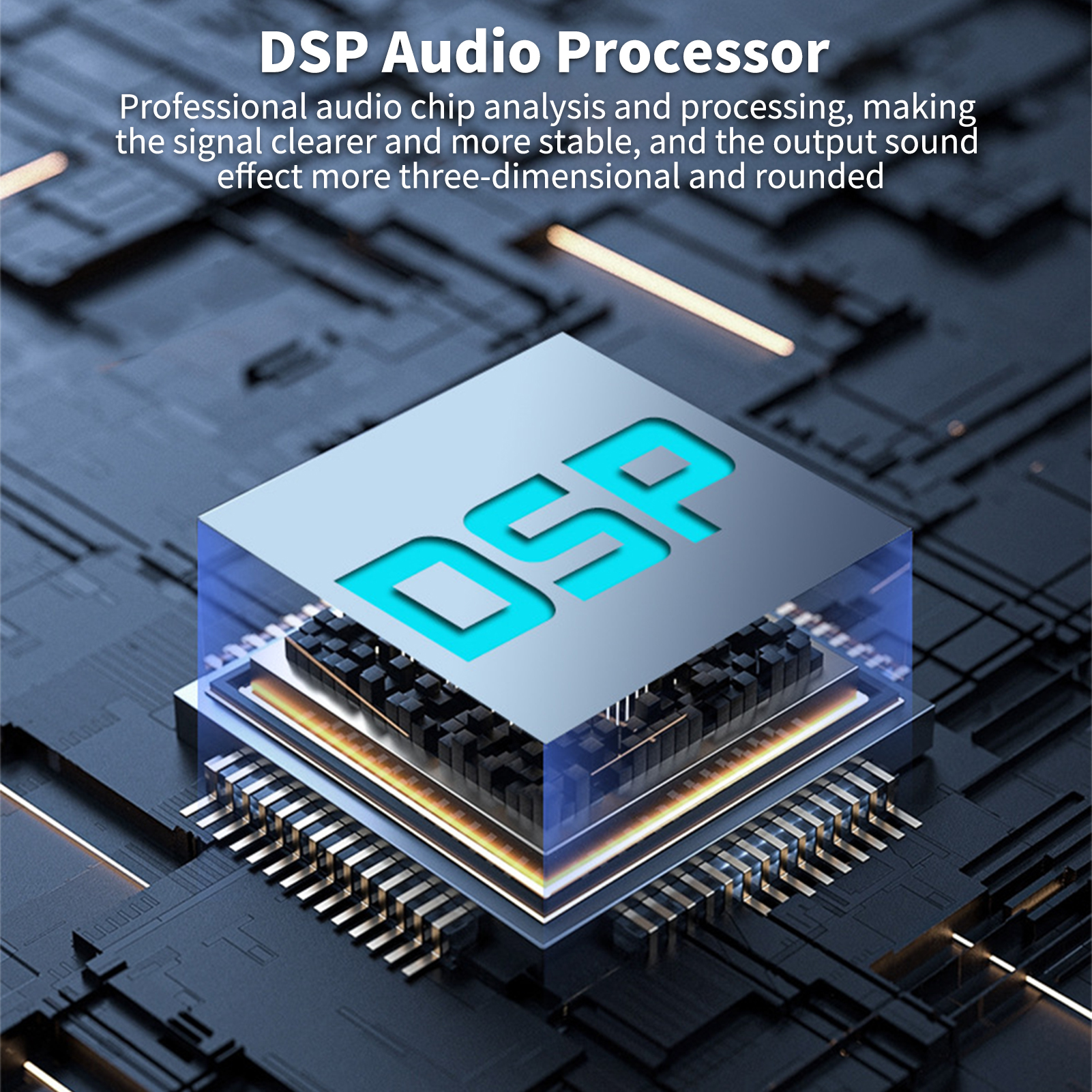 Nahaufnahme eines Computerchips, Textüberlagerung: DSP-Audio-Prozessor.