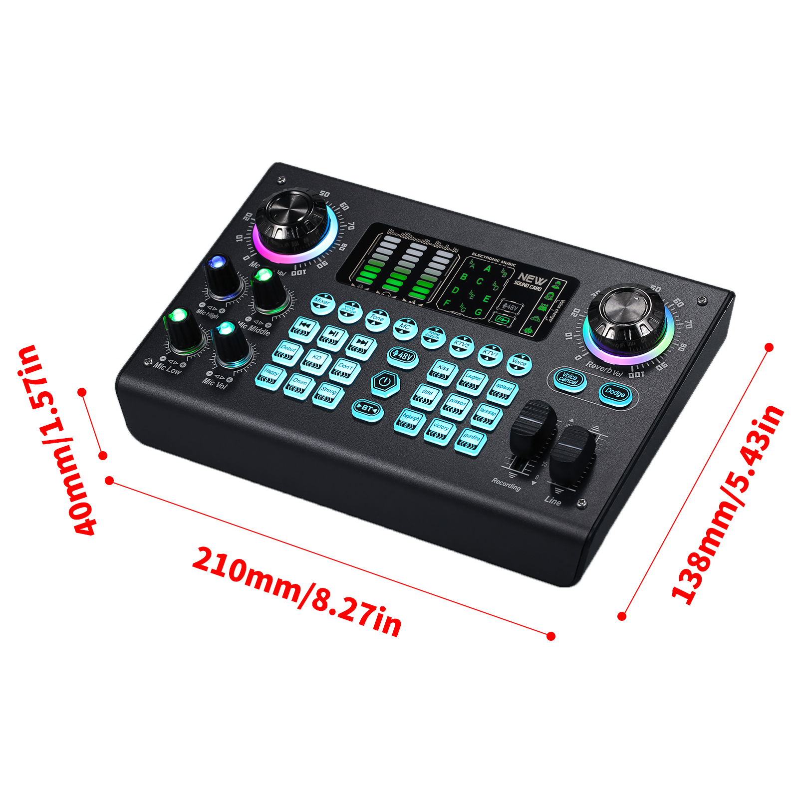 Ein Audiomixer mit beschrifteten Abmessungen: 210 mm/8,27 Zoll, 40 mm/1,57 Zoll, 138 mm/5,43 Zoll.
