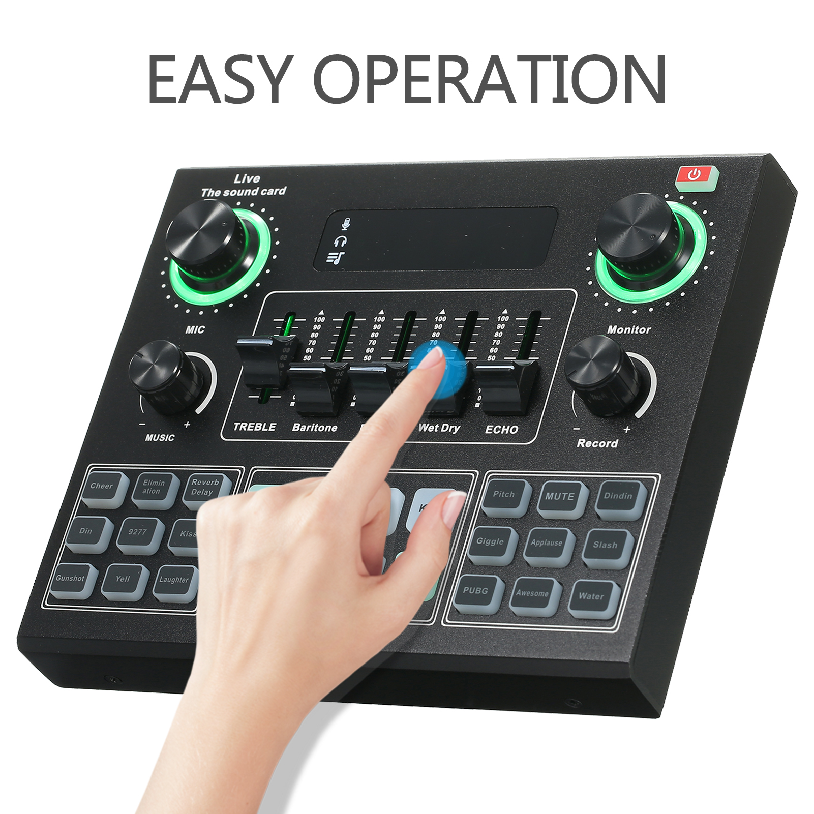 Hand berührt ein Bedienelement auf einer schwarzen Soundkarte.