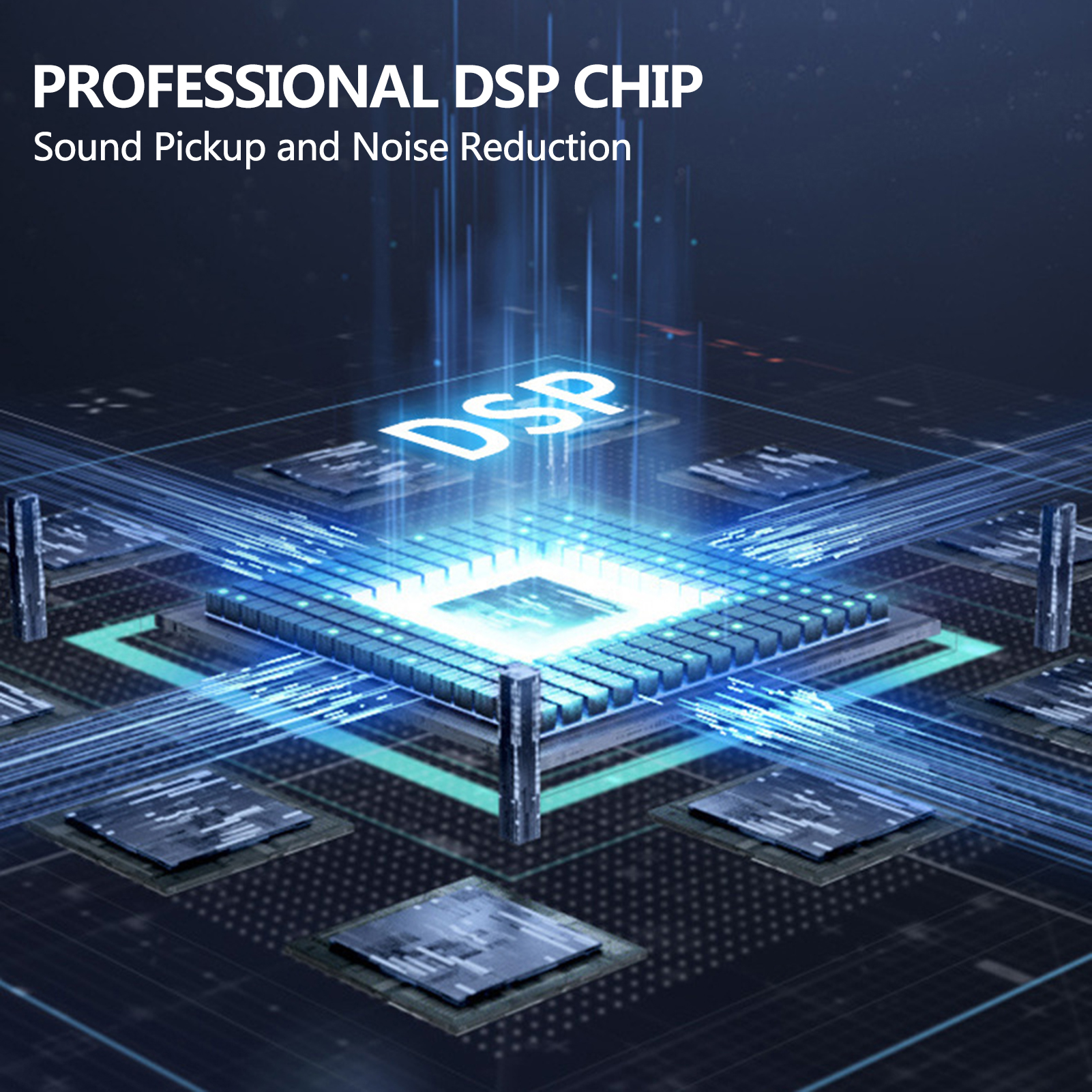 Nahaufnahme eines Computerchips, Textüberlagerung: PROFESSIONELLER DSP-CHIP.