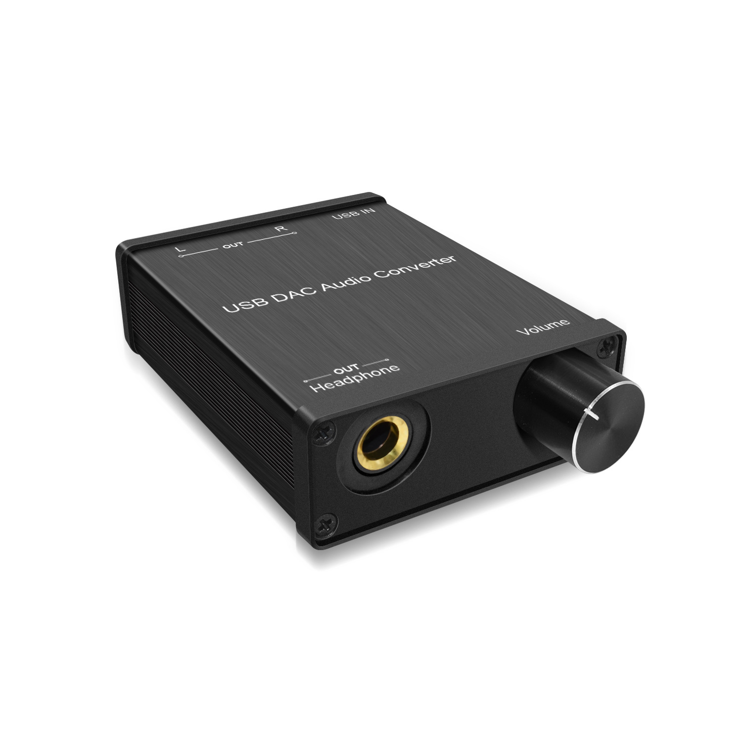 Ein schwarzer USB-DAC-Audio-Konverter mit Lautstärkeregler und Kopfhöreranschluss. Er befindet sich auf weißem Hintergrund.