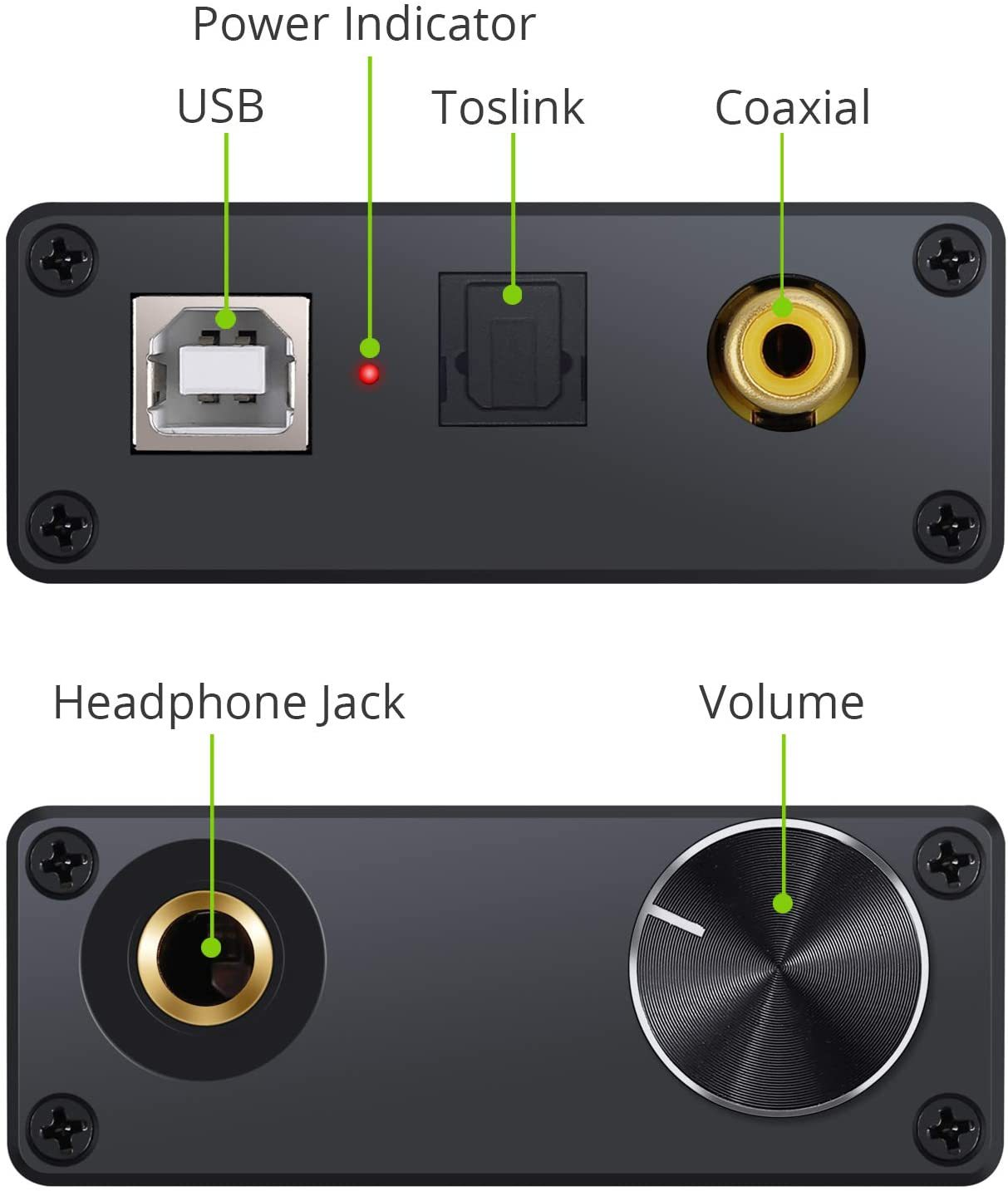 Nahaufnahme der Anschlüsse eines schwarzen USB-DAC-Audiokonverters: USB, Toslink, Koaxial und Kopfhöreranschluss.