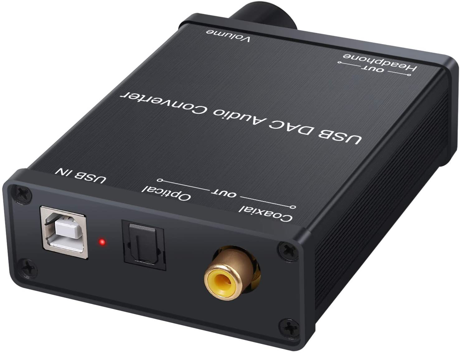 Ein schwarzer USB-DAC-Audiokonverter mit mehreren Anschlüssen und Lautstärkeregler. Er befindet sich auf weißem Hintergrund.