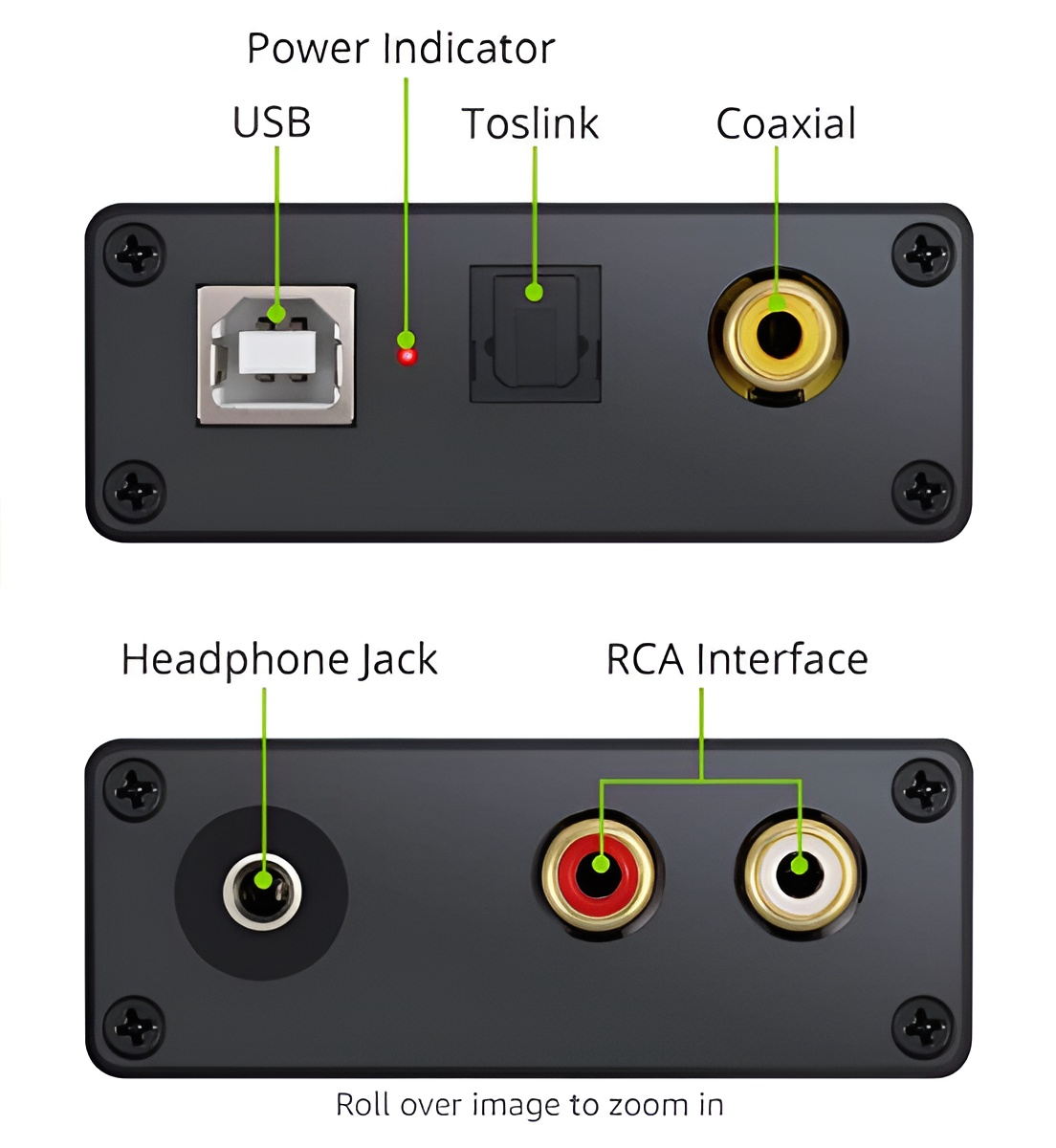 Nahaufnahme eines schwarzen USB-DAC-Audiokonverters mit verschiedenen Anschlüssen und einem Lautstärkeregler.