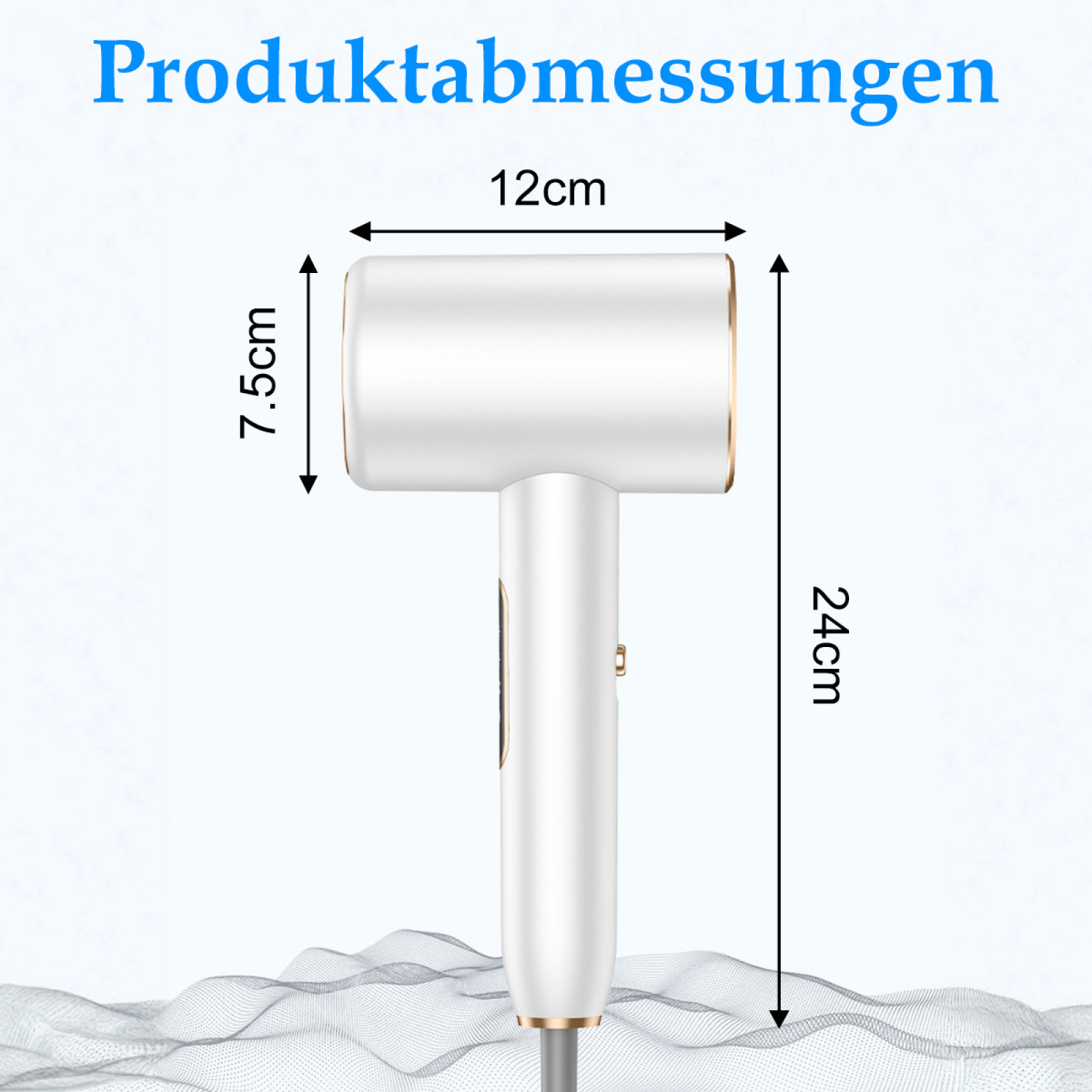 Ein weißer Haartrockner mit den Maßen: 12 cm breit, 7,5 cm hoch und 24 cm lang.