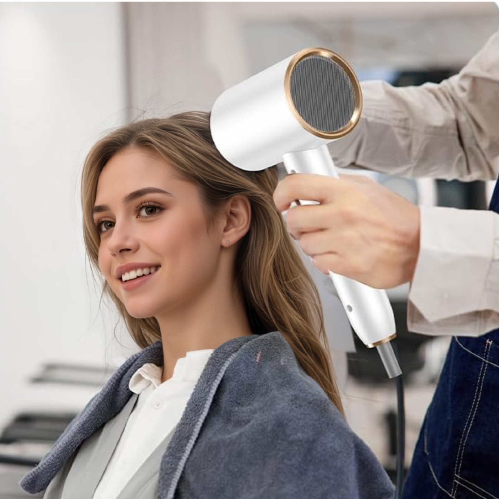 Eine Frau, die sich in einem Salon die Haare mit einem weißen und goldenen Haartrockner trocknen lässt.
