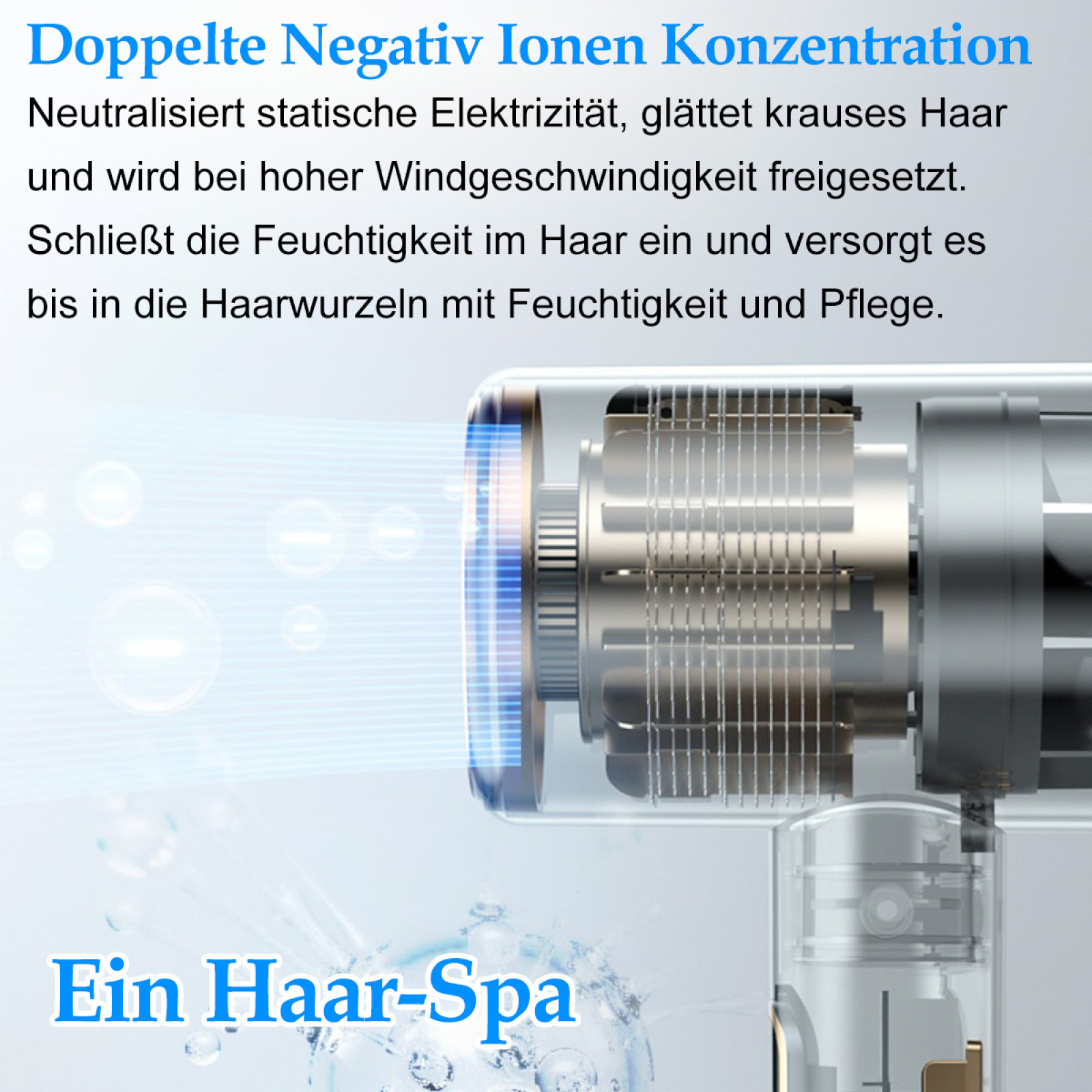 Nahaufnahme eines Haartrockners mit Text über Haarpflege.