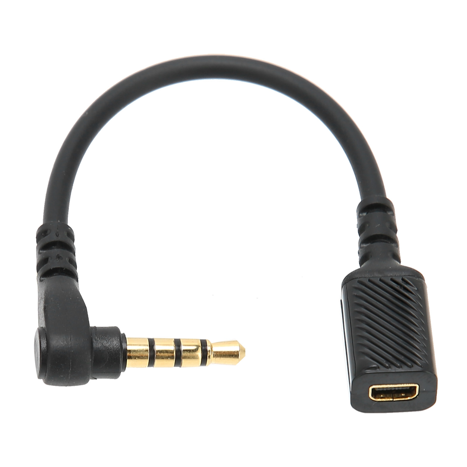 Ein schwarzer Audioadapter mit 3,5-mm-Klinke und Buchse. Das Kabel verbindet die beiden Teile.