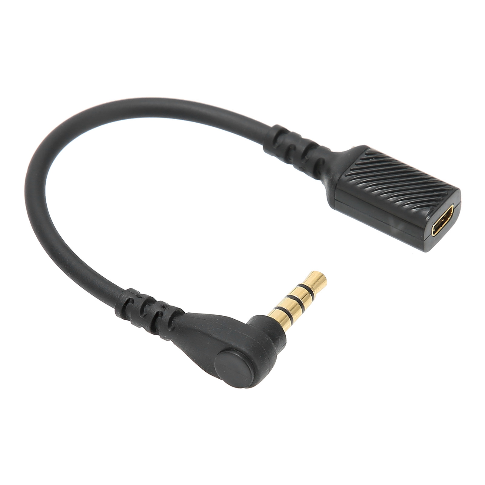 Ein schwarzer Audioadapter mit 3,5-mm-Klinke und Buchse. Das Kabel verbindet die beiden Teile.