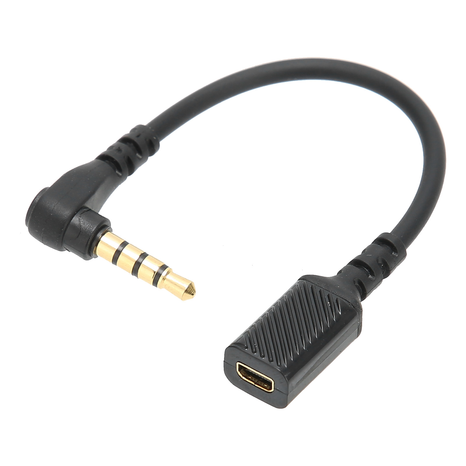 Schwarzer und goldener Audiokabeladapter mit 3,5-mm-Klinke und HDMI-Buchse.