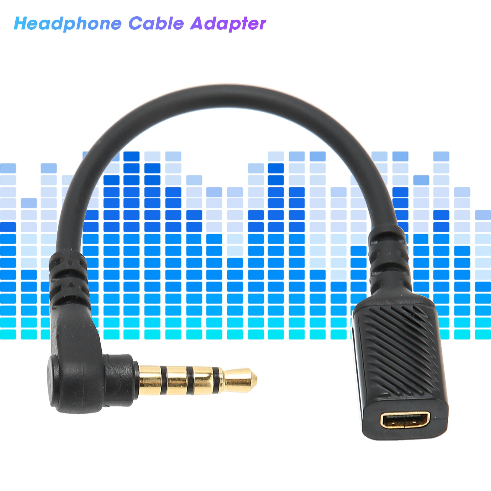 Ein schwarzer Audioadapter mit 3,5-mm-Klinke und Buchse. Das Kabel verbindet die beiden Teile. Blauer Equalizer-Hintergrund.