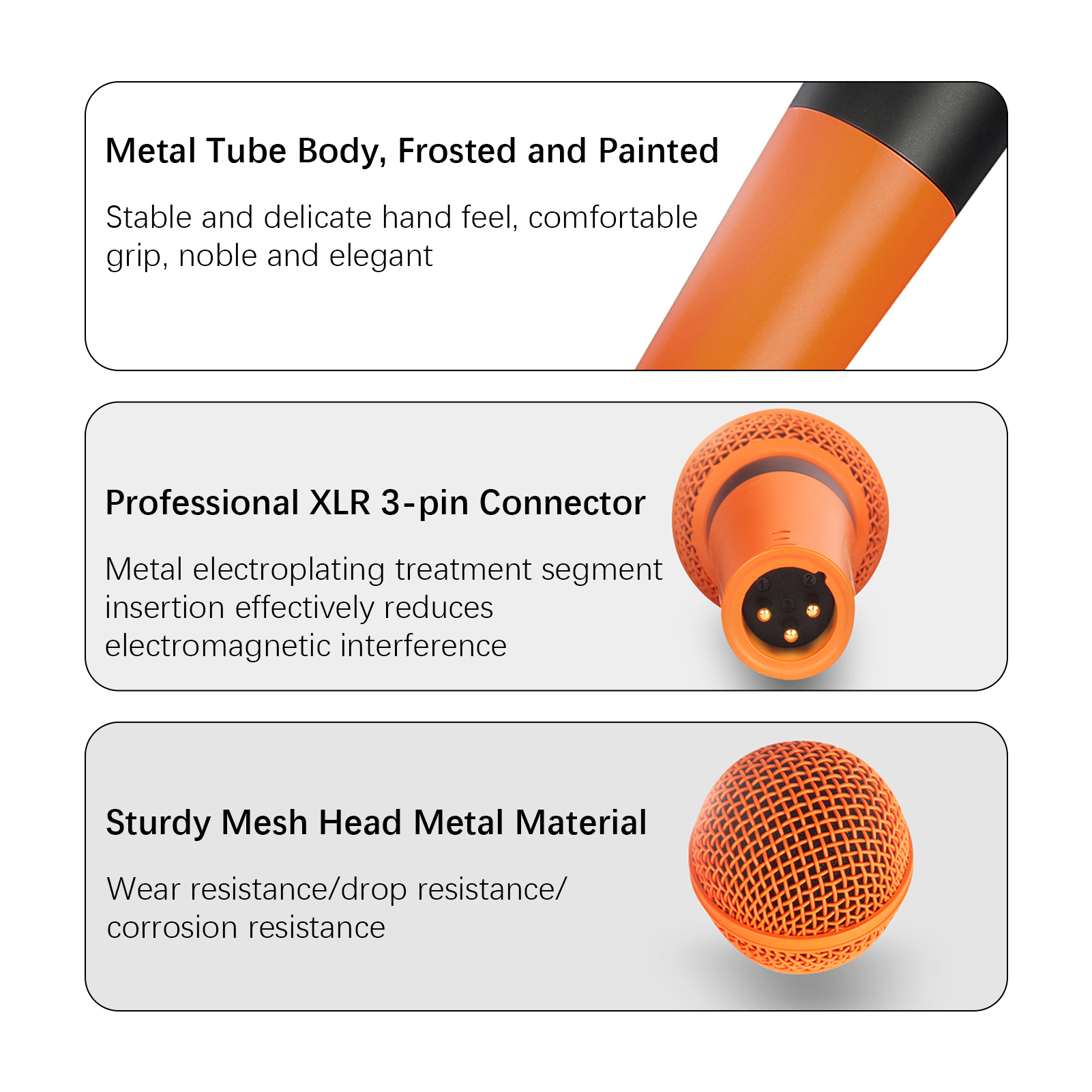 Drei Kästen mit Beschreibungen eines orangefarbenen Mikrofons. Es hat einen Mesh-Kopf und Metallkörper.