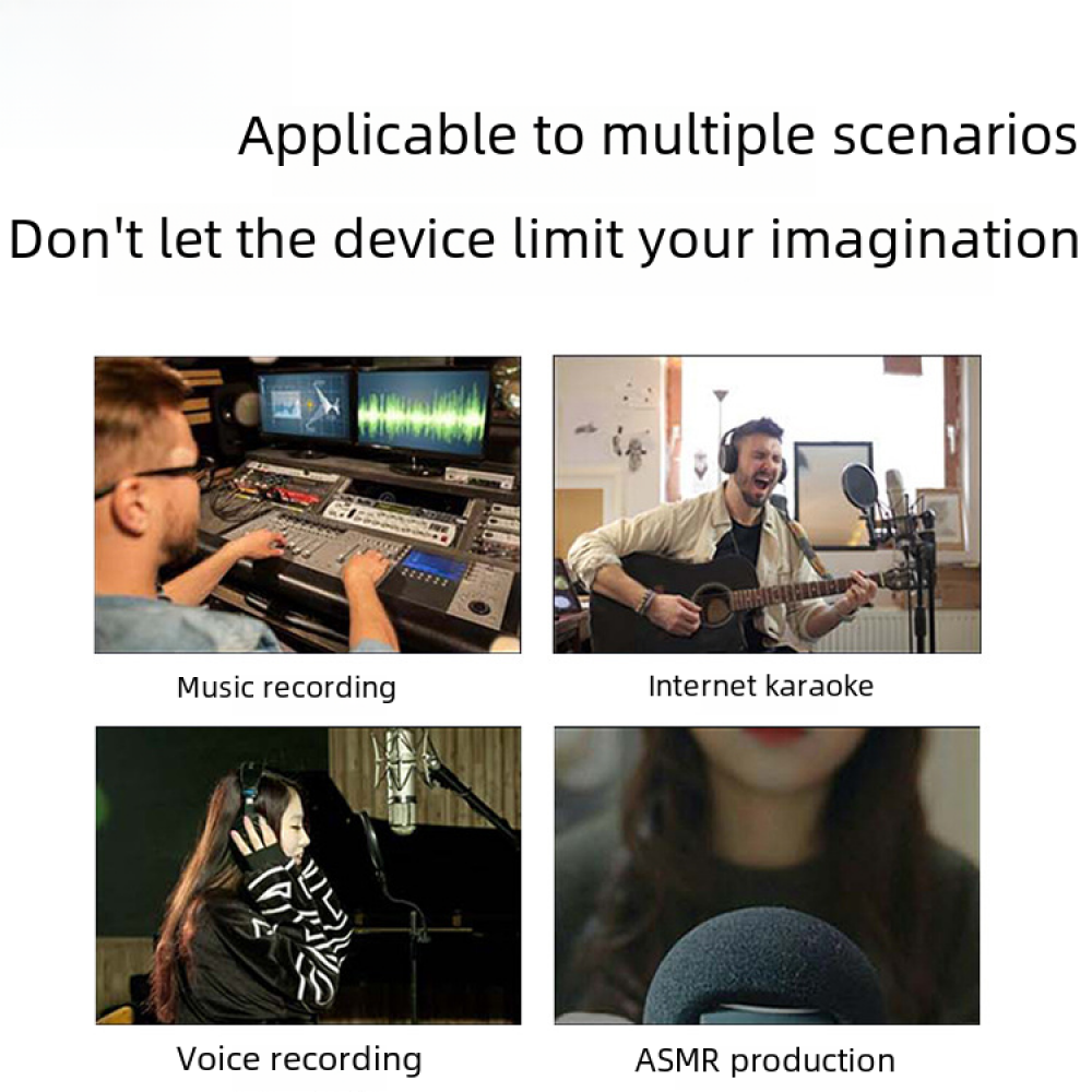 Eine Collage von Bildern, die Musik, Internet-Karaoke, Sprachaufnahmen und ASMR-Produktion zeigen.