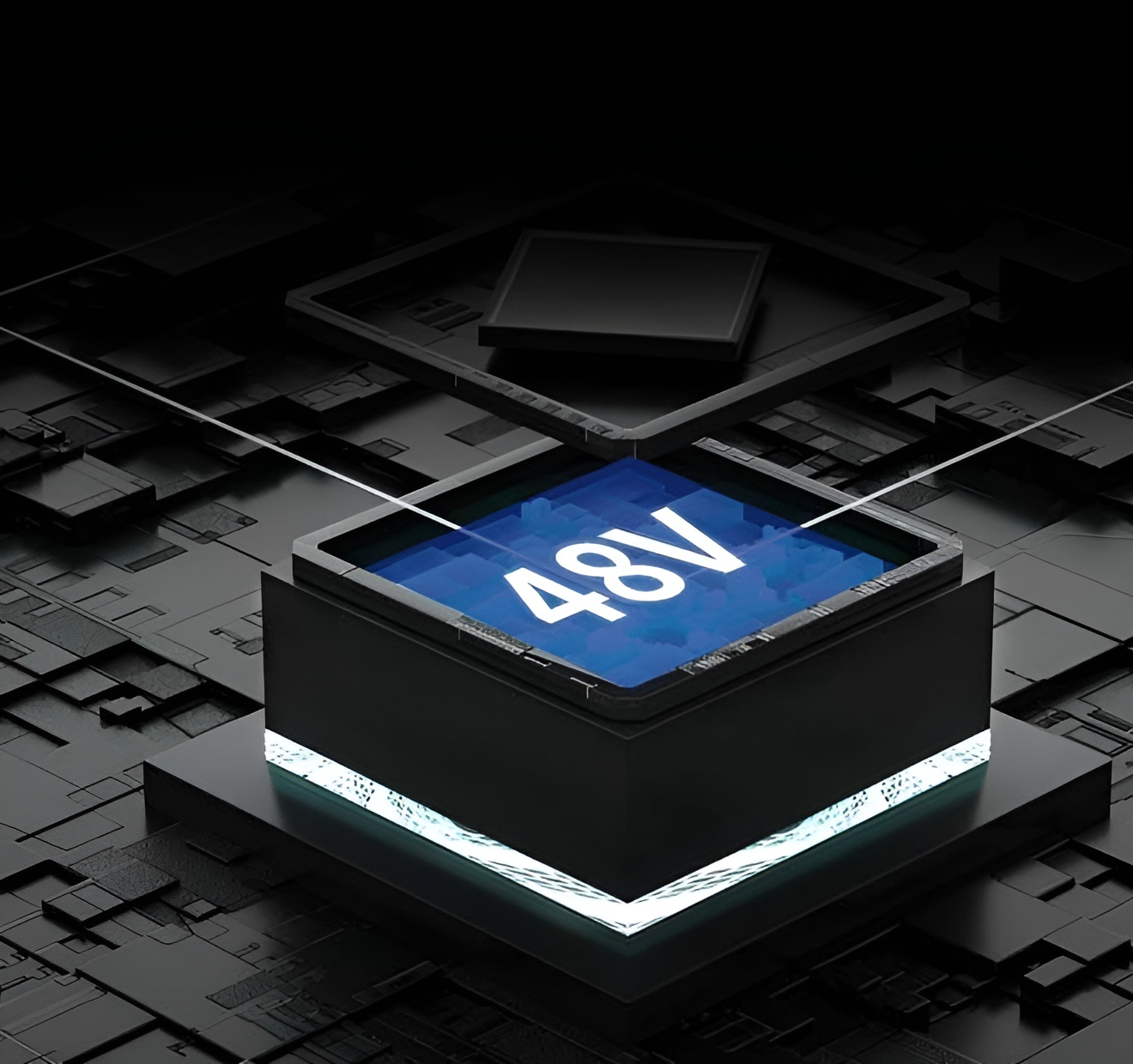Eine schwarze elektronische Komponente mit einem blauen Display mit der Aufschrift '48V'. Drähte verbinden sich mit dem Display.